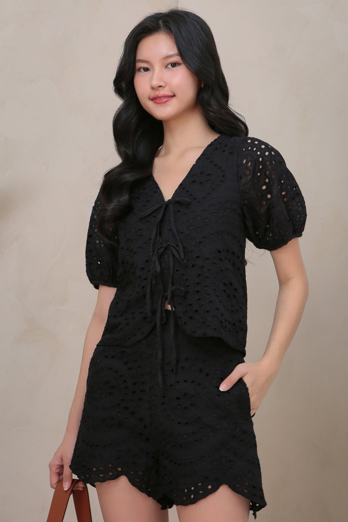 Two-Way Ribbon Eyelet Top in Black