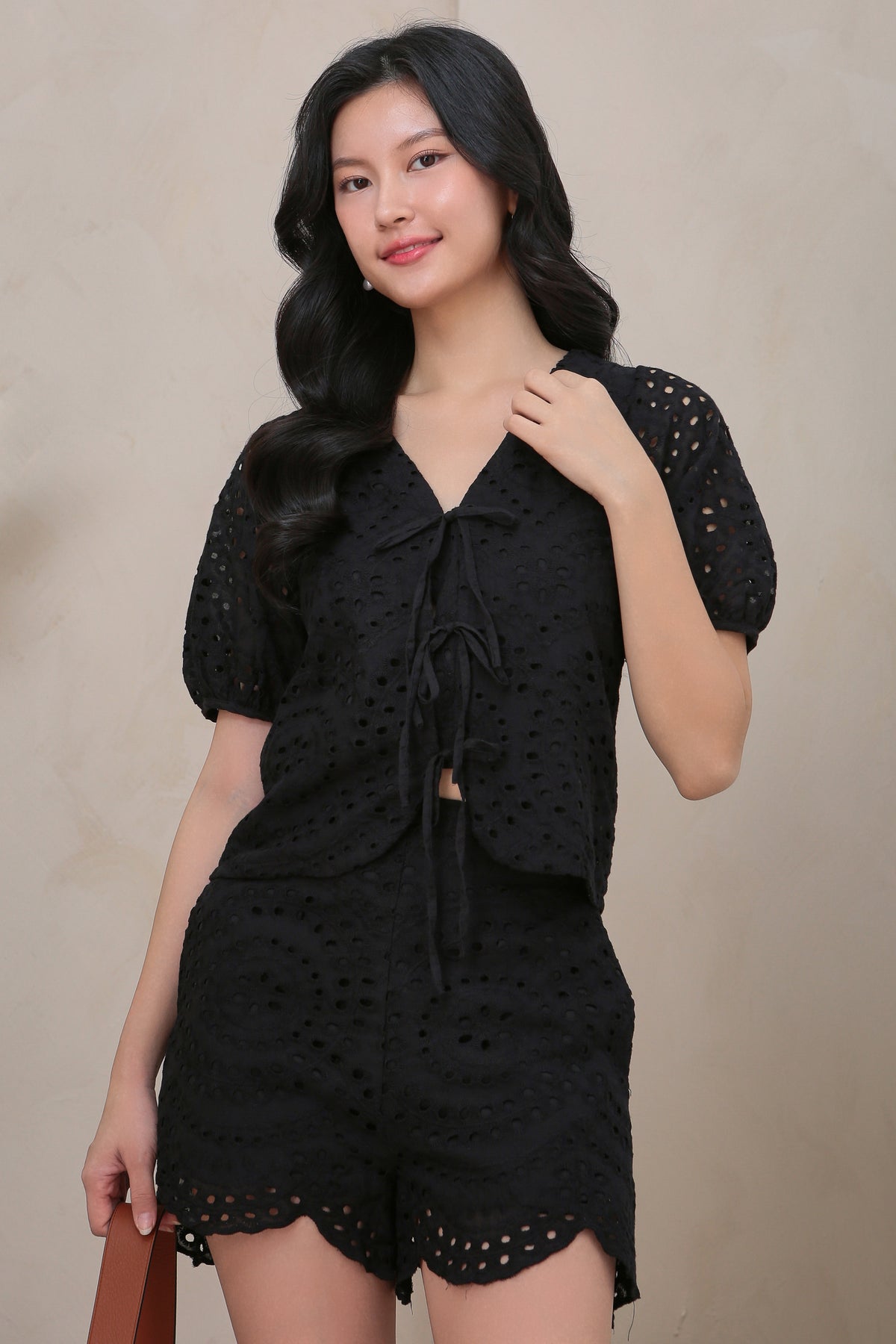 Two-Way Ribbon Eyelet Top in Black