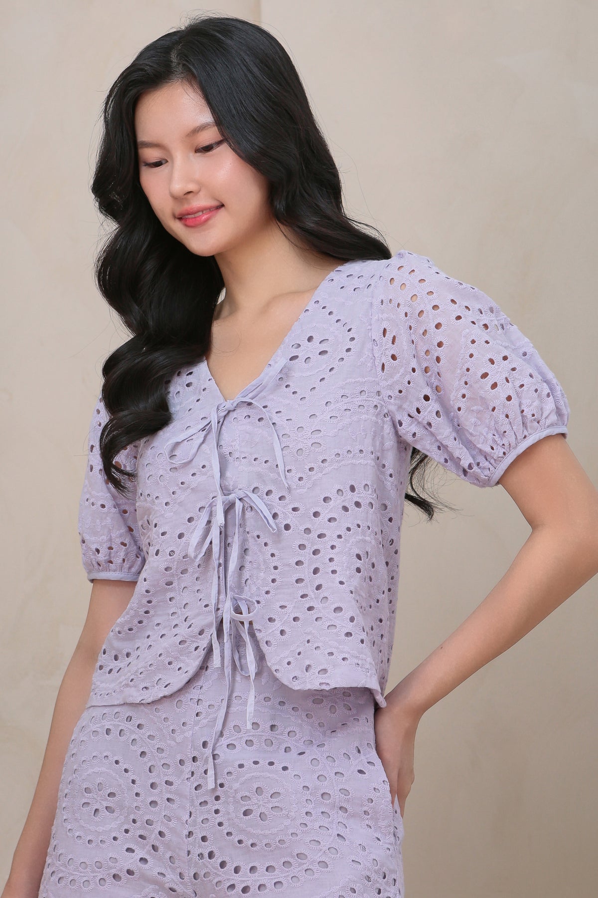 Two-Way Ribbon Eyelet Top in Lilac