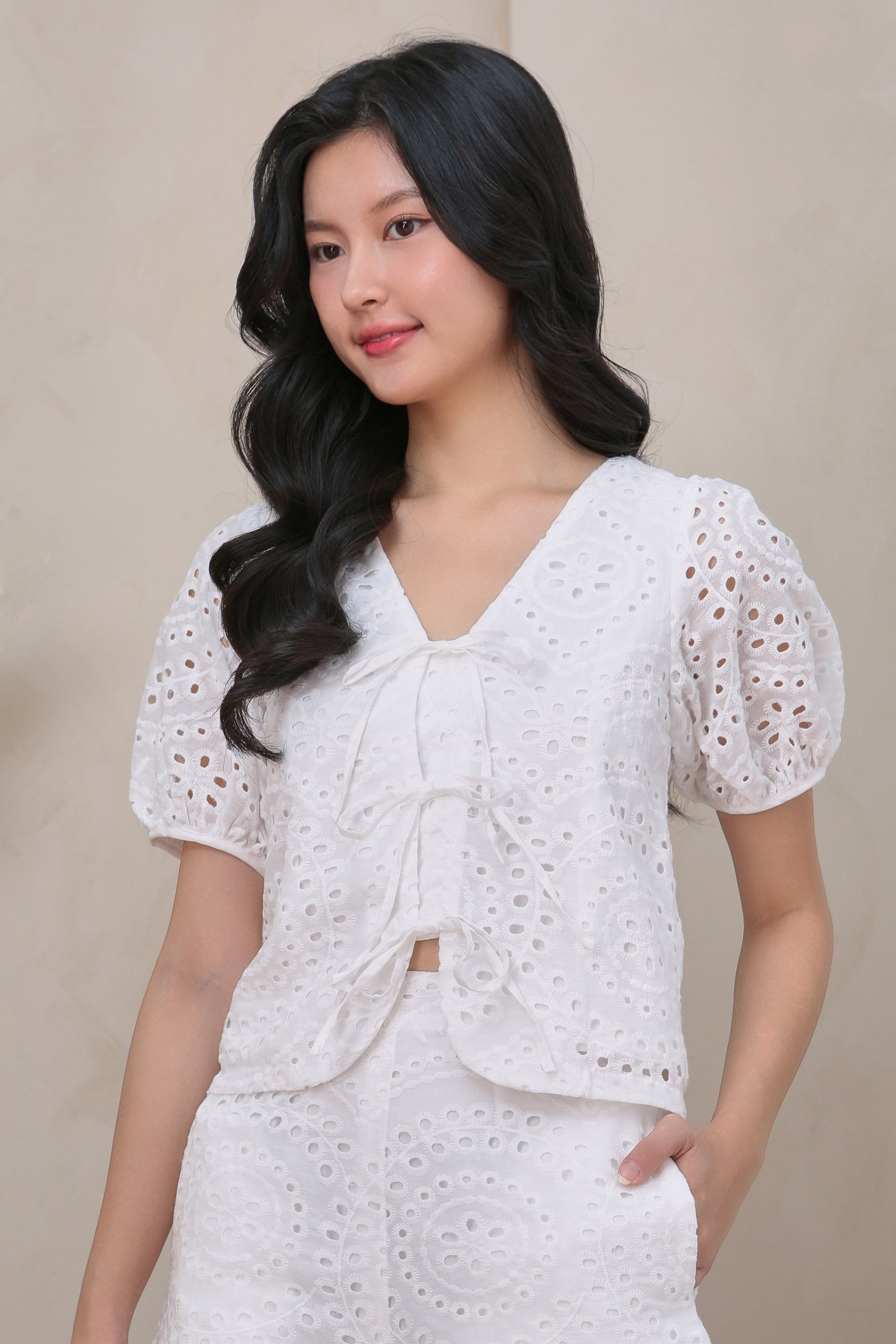 2-Way Ribbon Eyelet Top in White