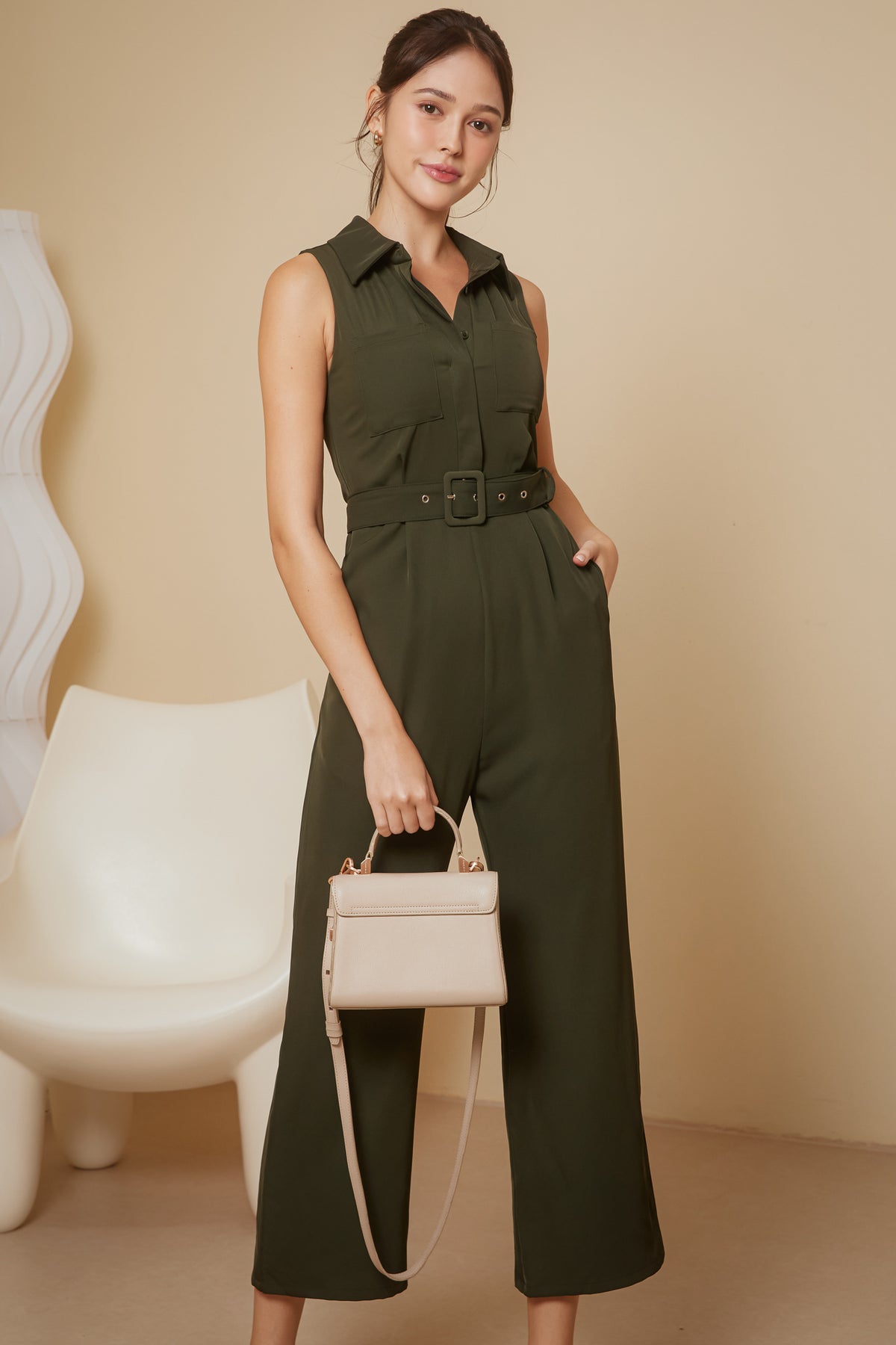 Belted Utility Jumpsuit in Olive