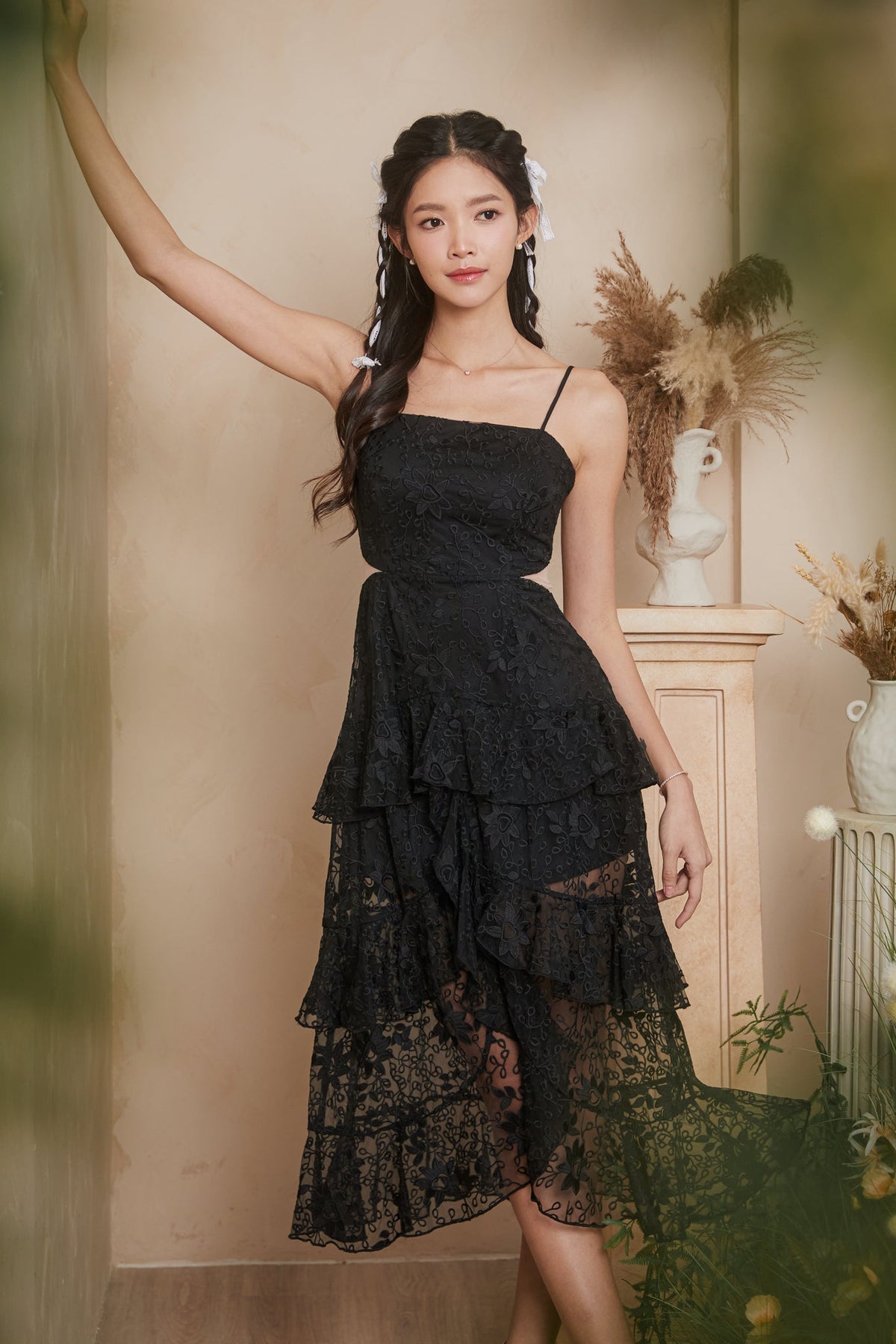 Restocked* Lace Embroidery Tier Dress in Black