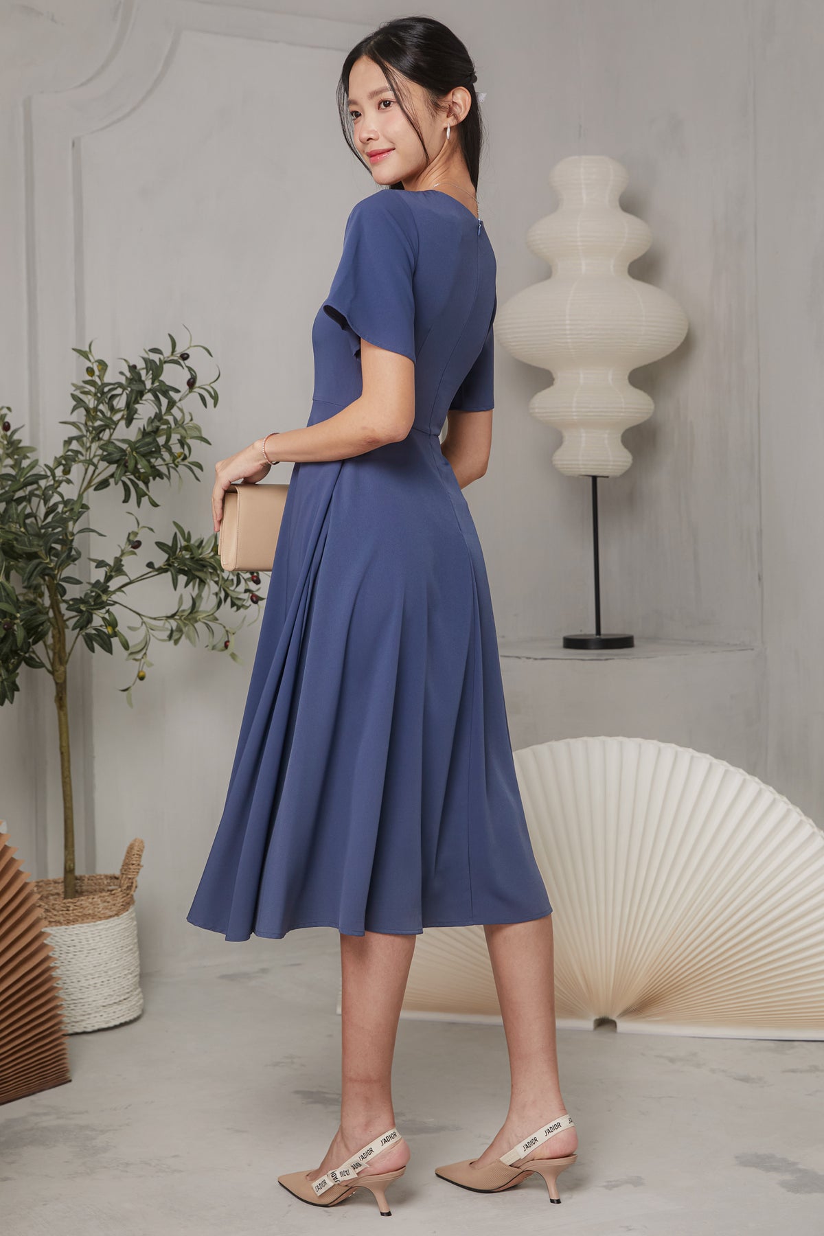 Flutter Sleeve V-Neck Flare Dress in Dusty Blue