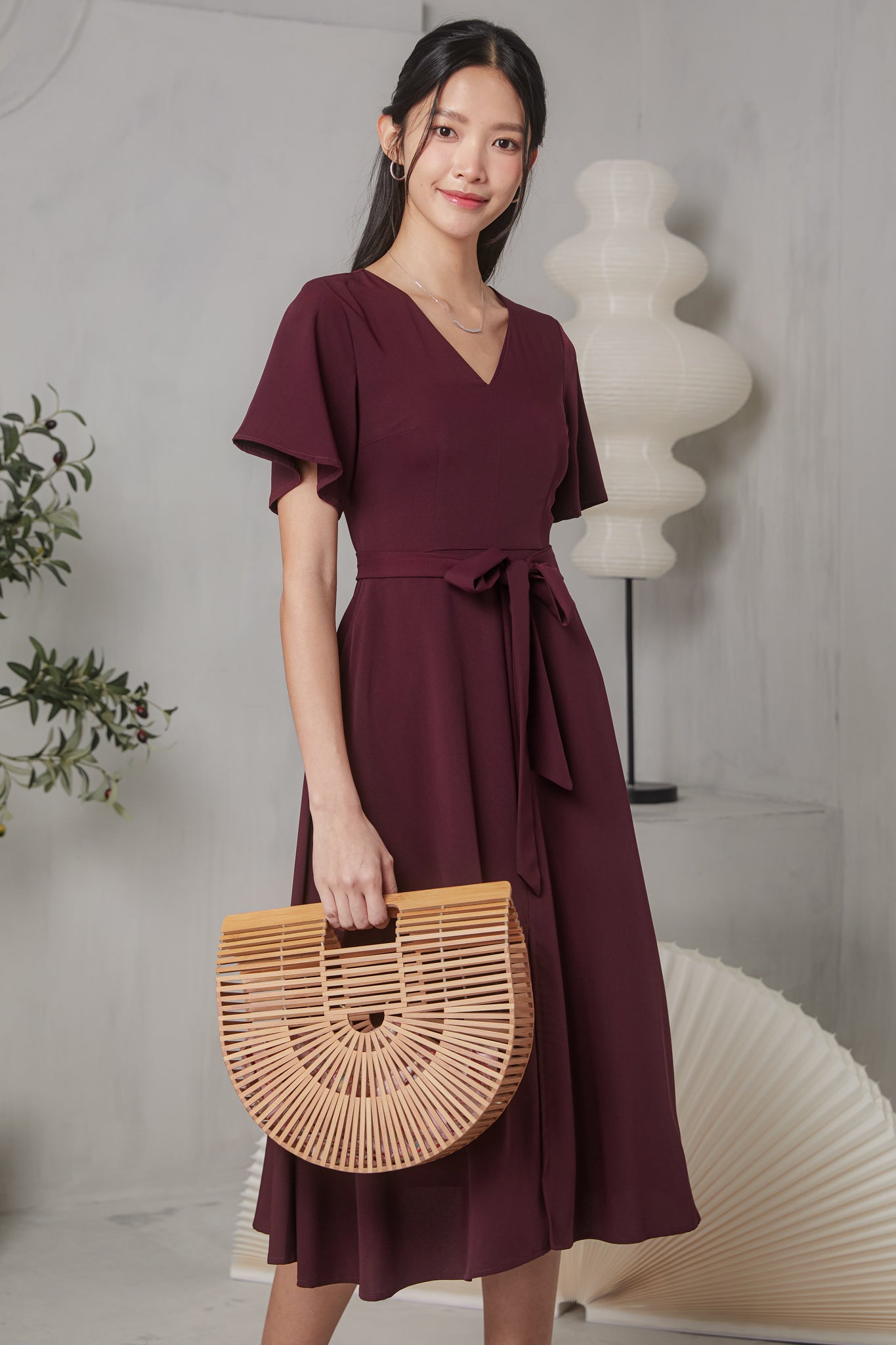 Burgundy flutter outlet sleeve dress