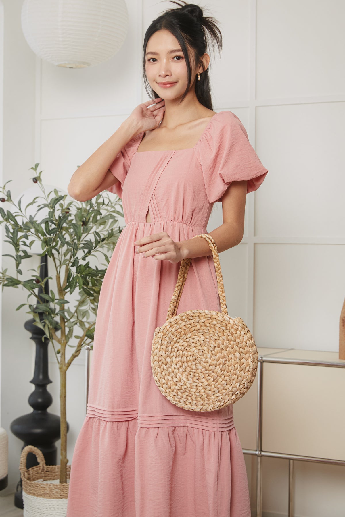 Origami Pleat Pouf Sleeve Dress in Pink