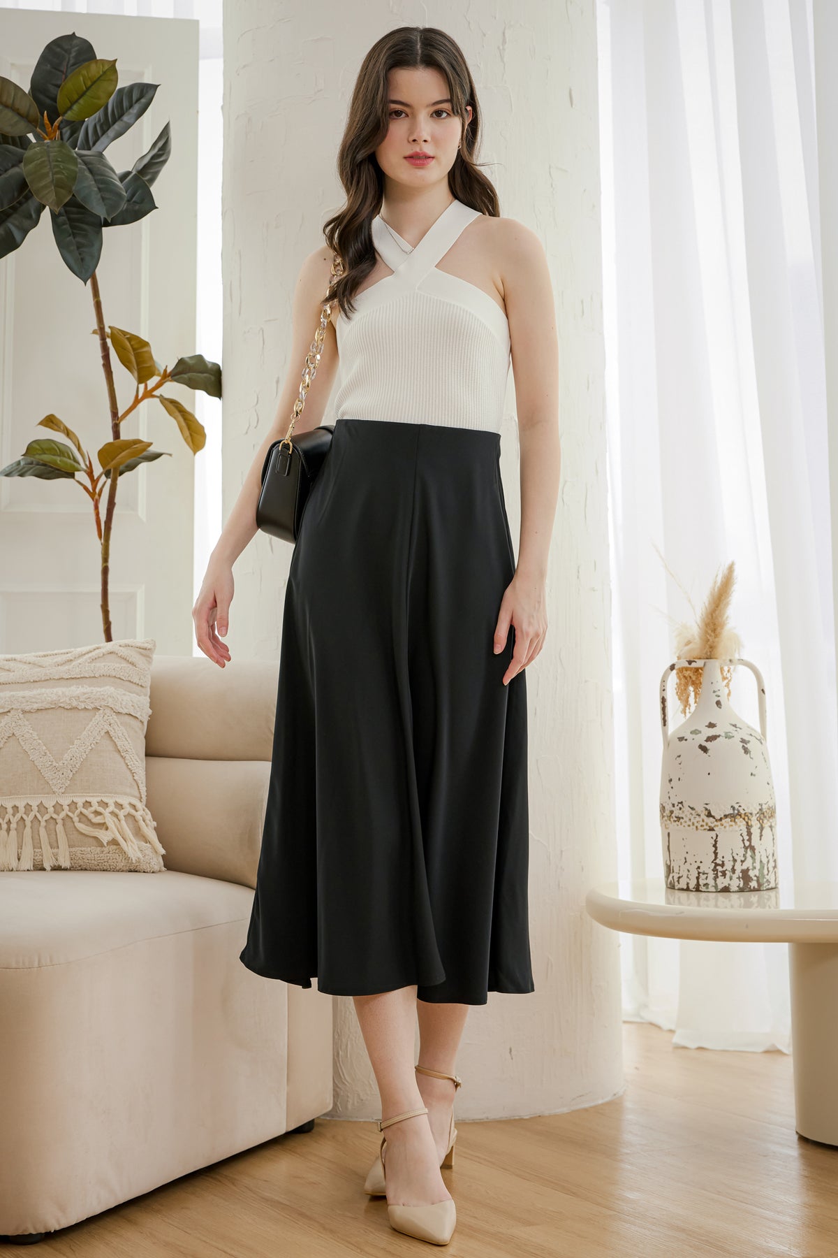 Hepburn Satin Midi Skirt in Black