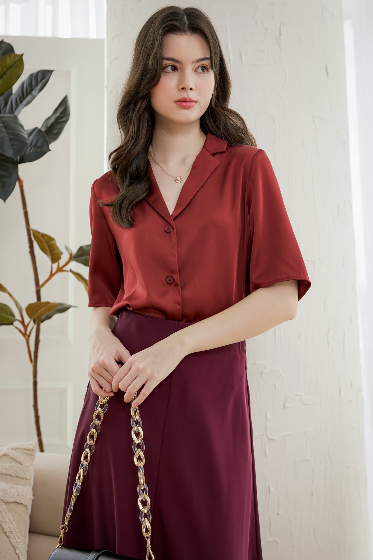 Audrey Satin Blouse in Dark Rust