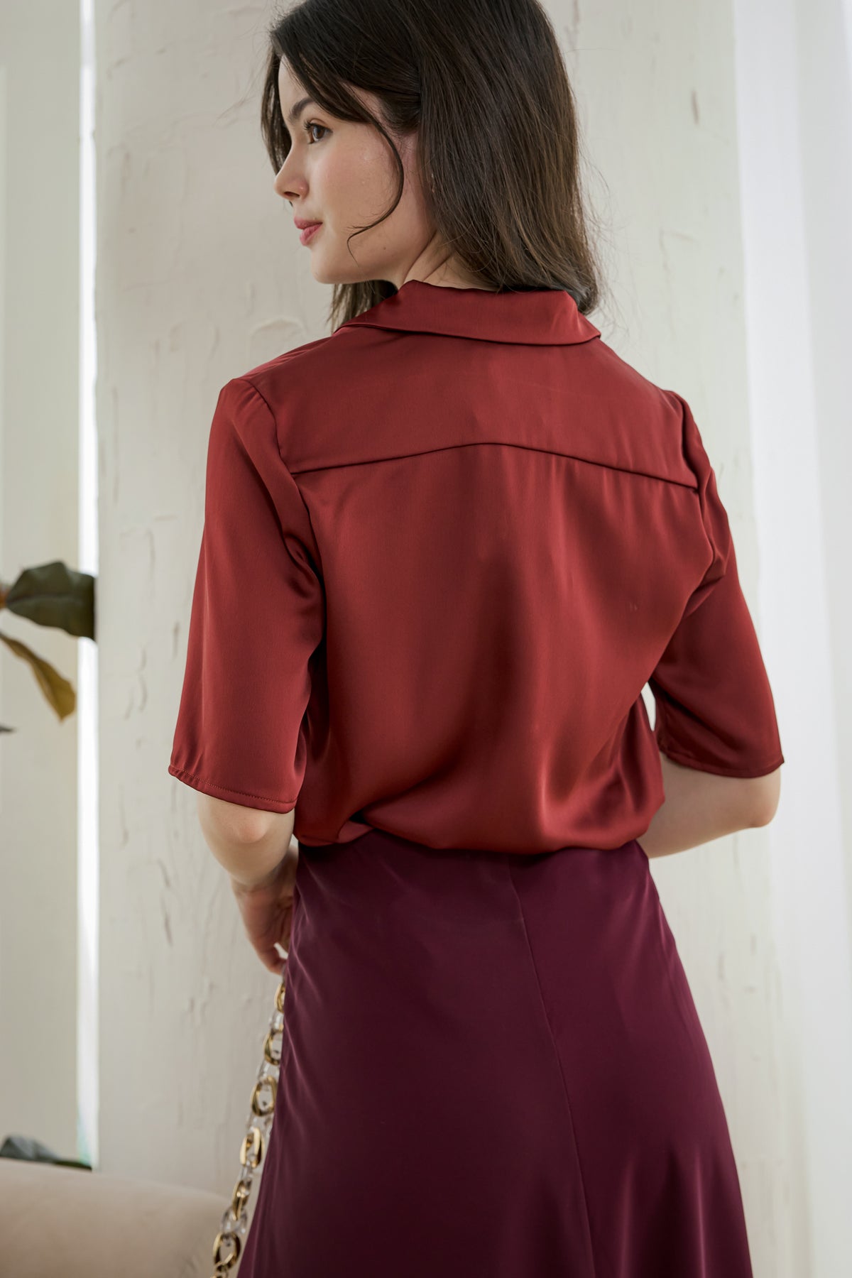 Audrey Satin Blouse in Dark Rust