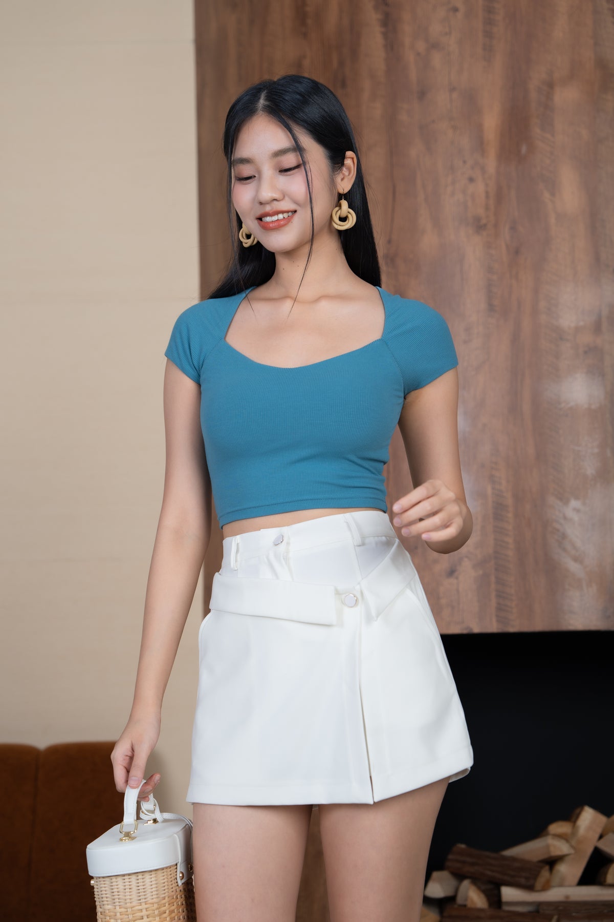 Cap Sleeves Sweetheart Cropped Top in Cerulean Blue