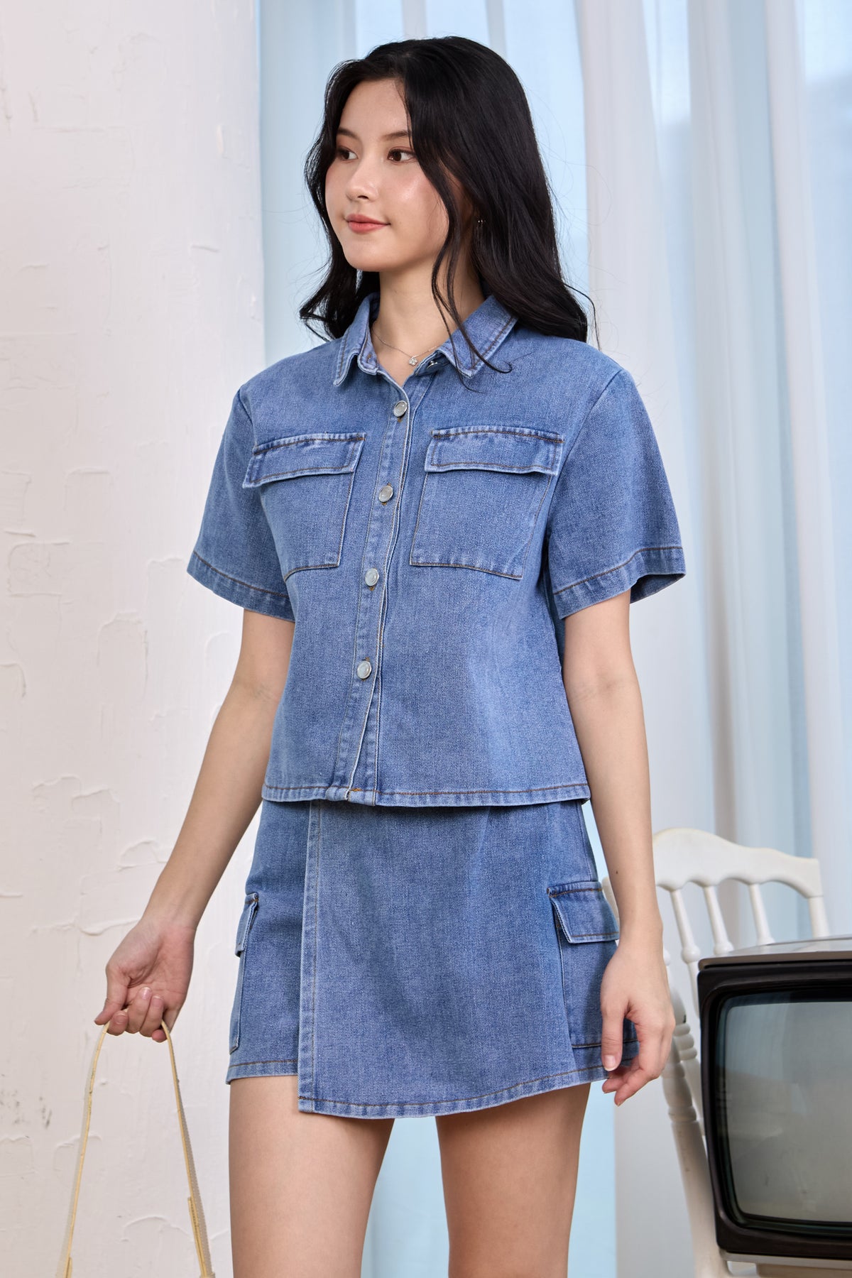 Restocked* Denim Cargo Shirt in Mid Wash