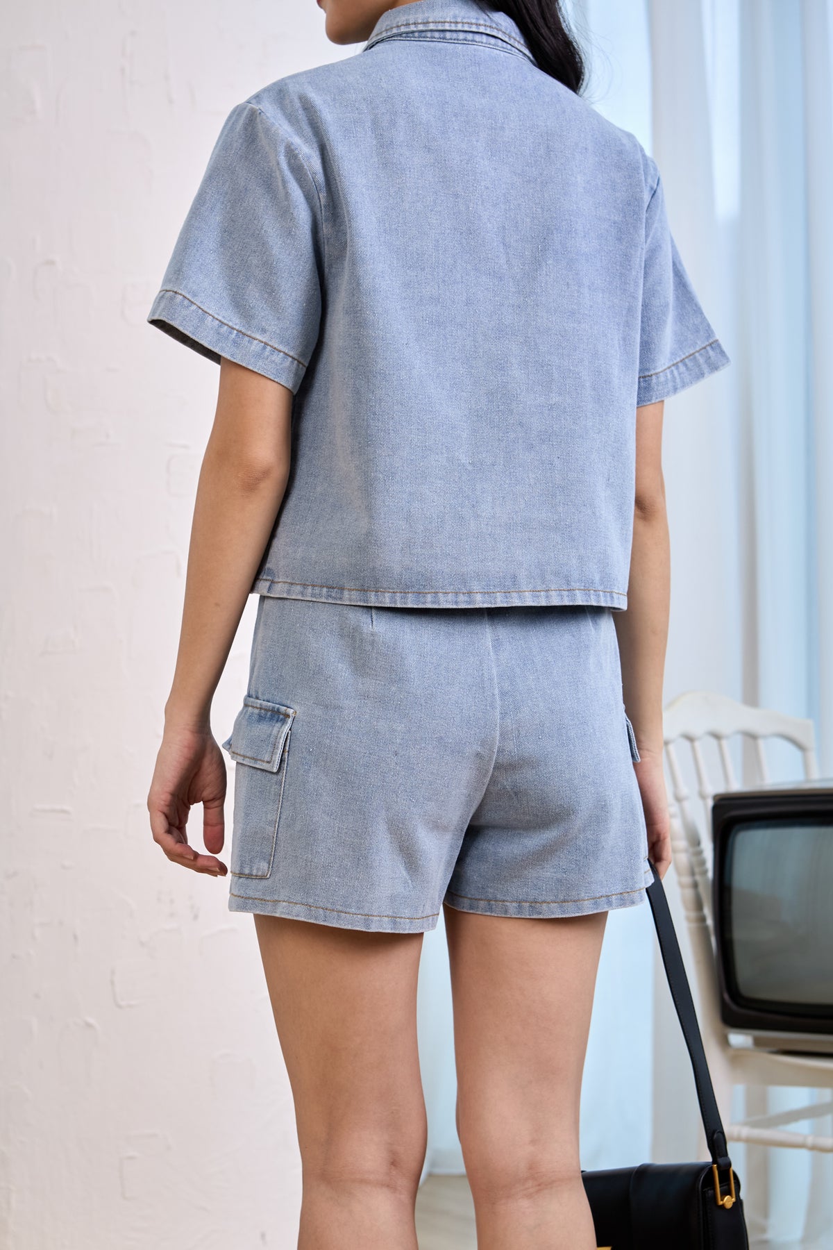 Restocked* Denim Overlay Cargo Skorts in Light Wash