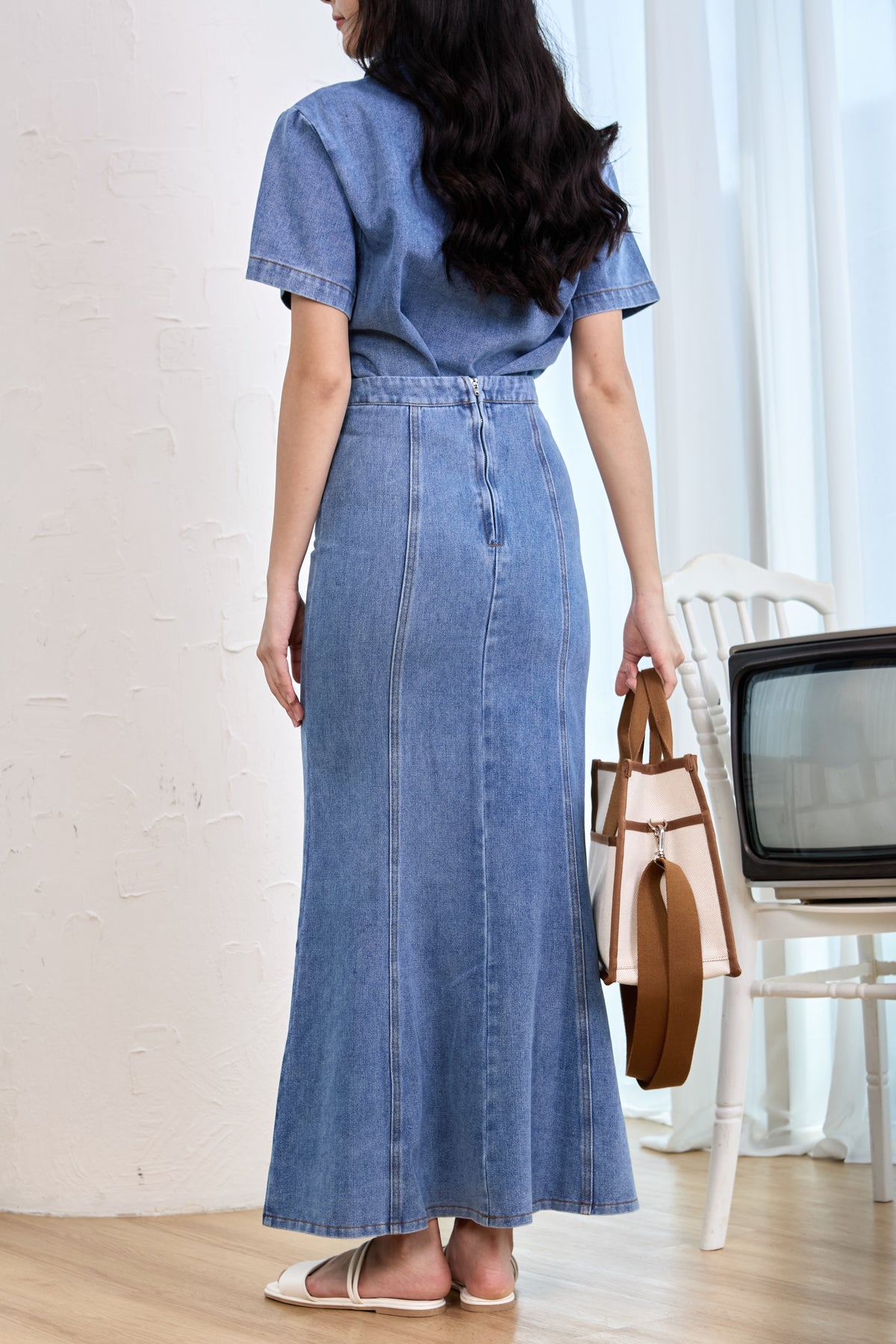 Restocked* Denim Panel Mermaid Skirt in Mid Wash