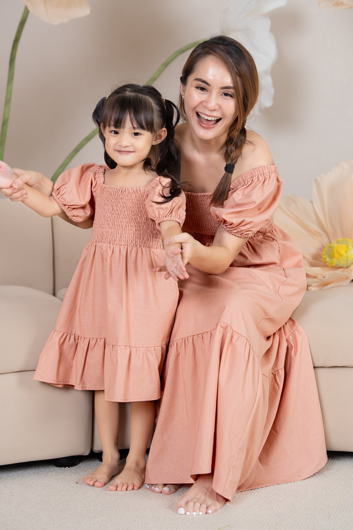 Diana Pouf Sleeves Smocked Drophem Dress in Peach