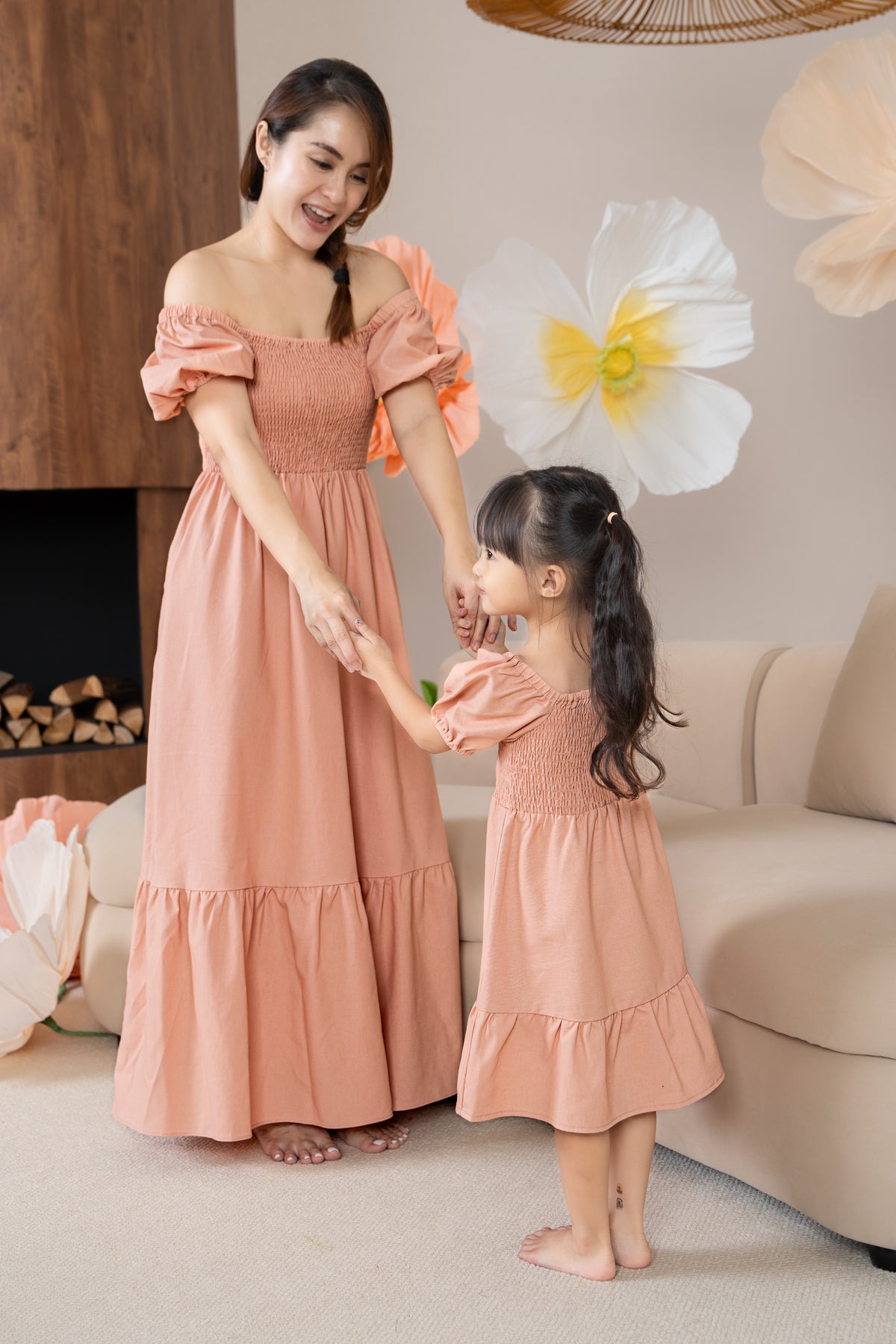 Diana Pouf Sleeves Smocked Drophem Dress in Peach