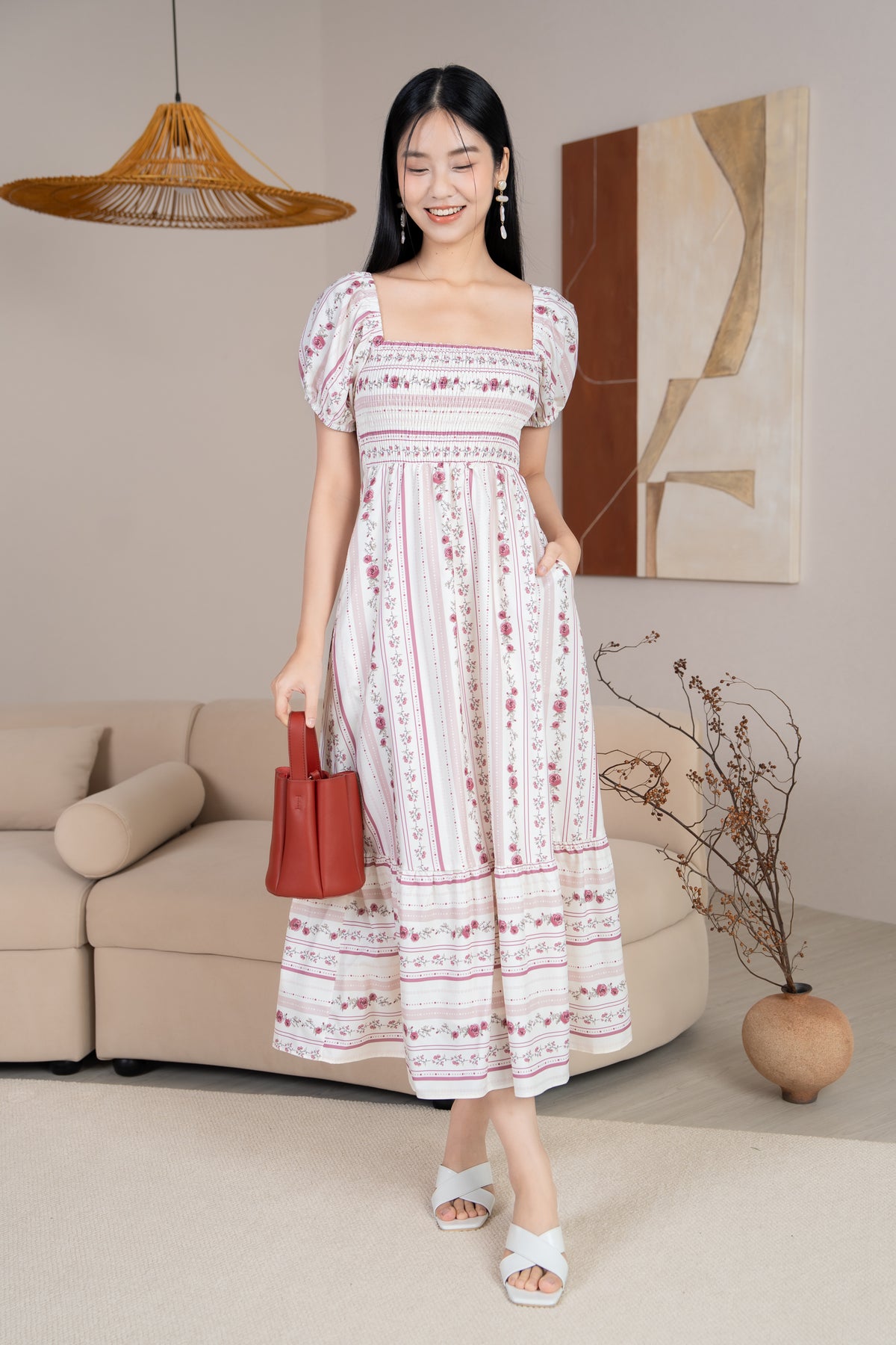 Diana Pouf Sleeves Smocked Drophem Dress in Rose