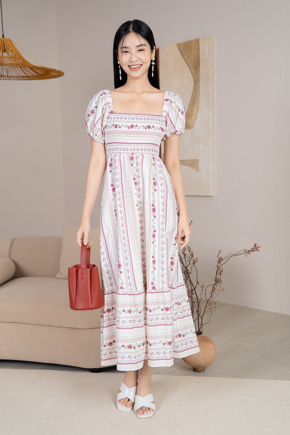 Diana Pouf Sleeves Smocked Drophem Dress in Rose