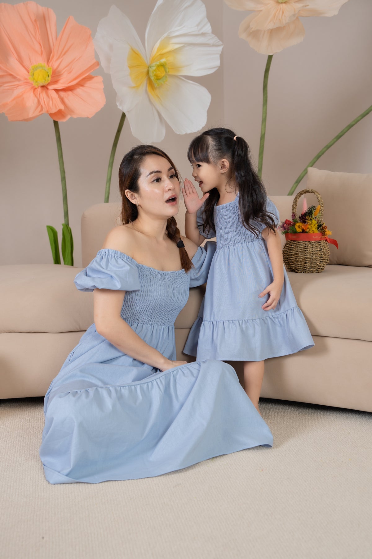 Diana Pouf Sleeves Smocked Drophem Dress in Sky