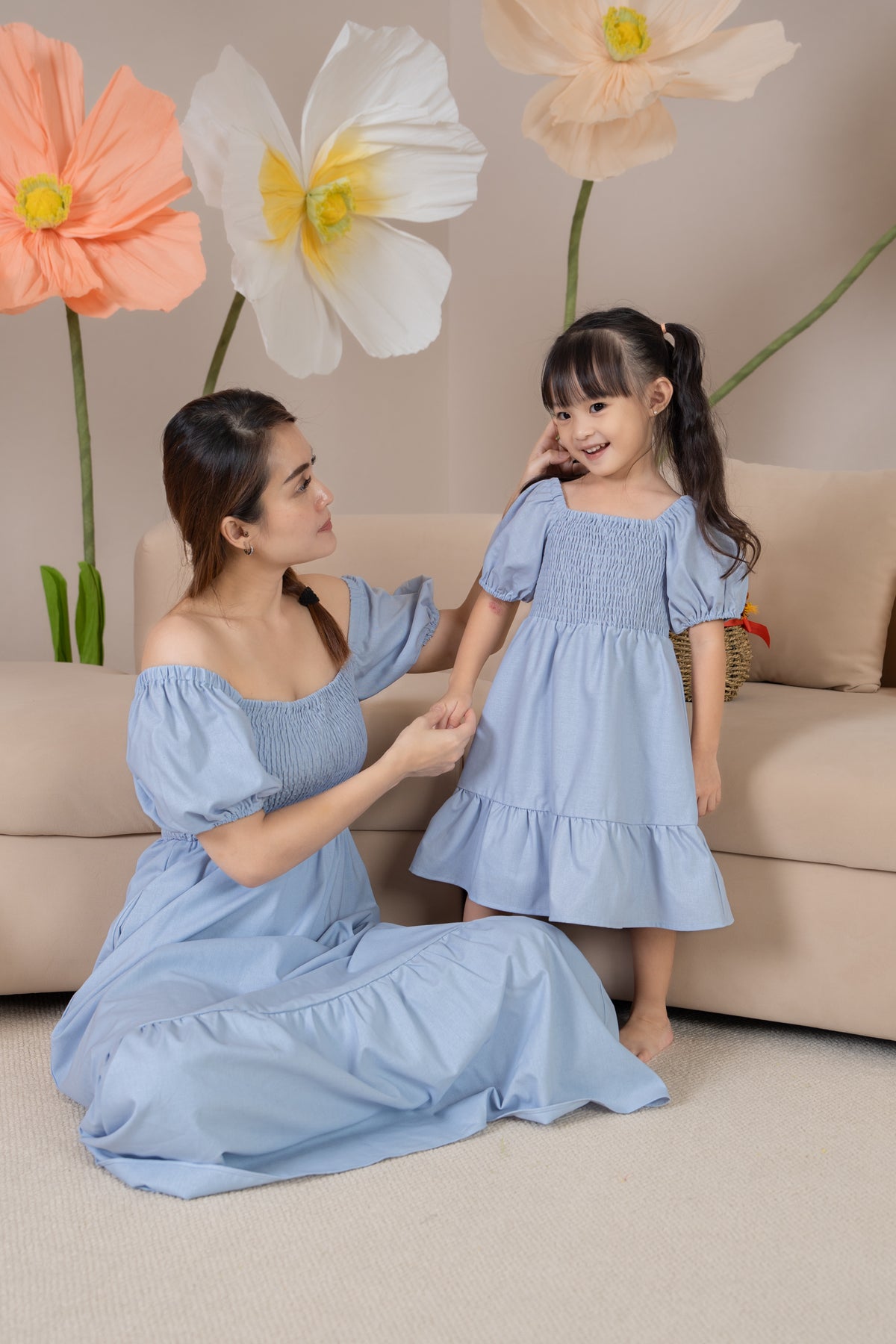 Diana Pouf Sleeves Smocked Drophem Dress in Sky