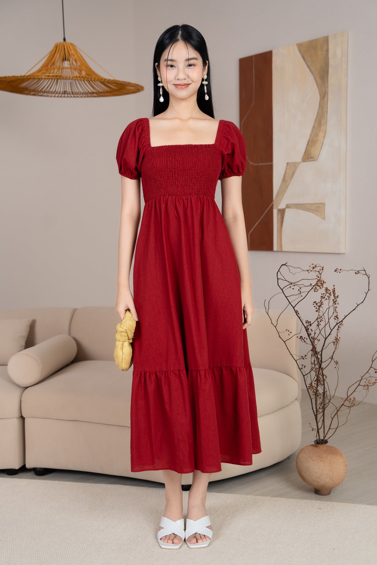 Diana Pouf Sleeves Smocked Drophem Dress in Wine