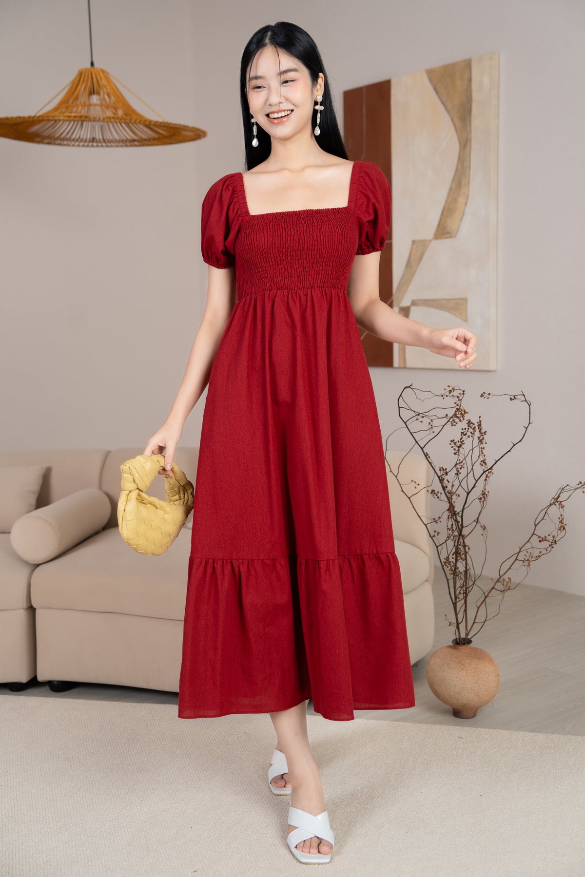 Diana Pouf Sleeves Smocked Drophem Dress in Wine