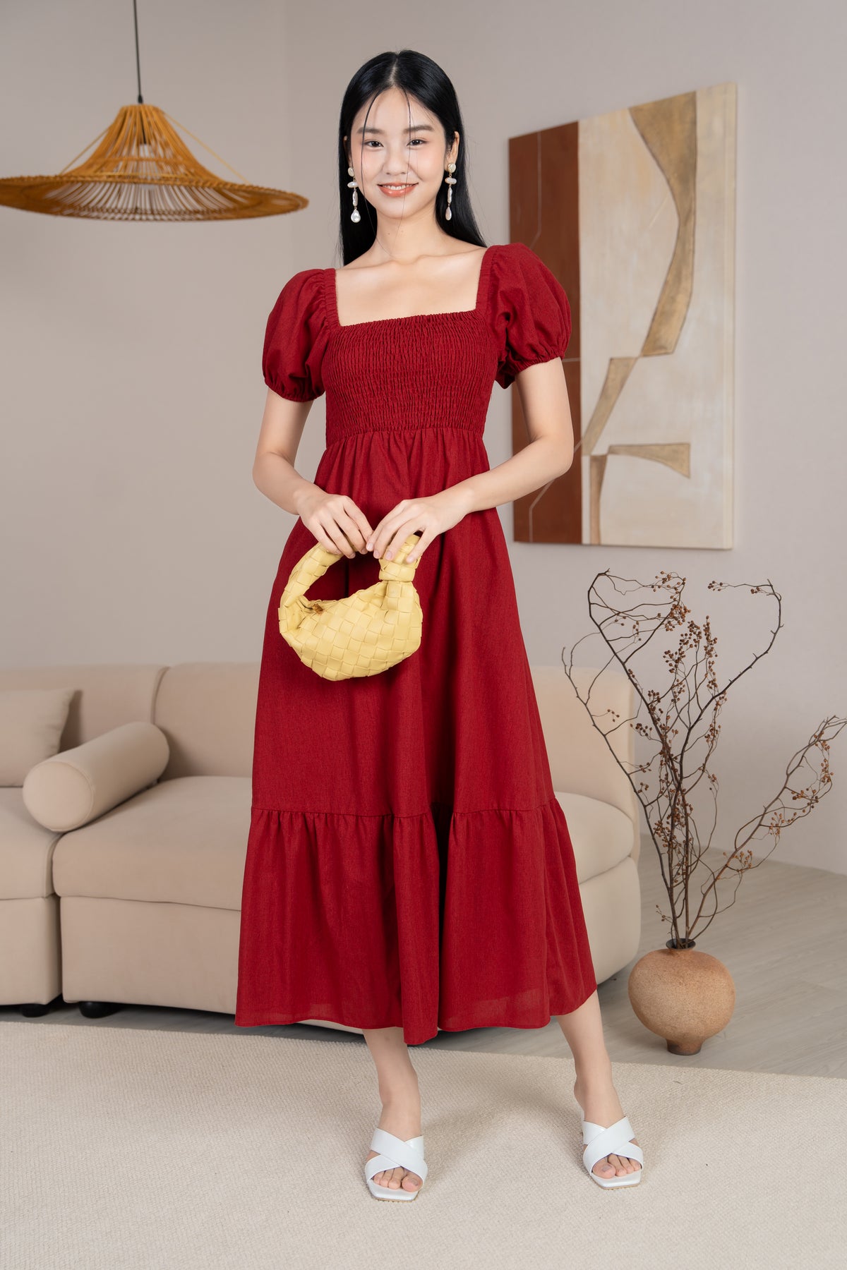 Diana Pouf Sleeves Smocked Drophem Dress in Wine