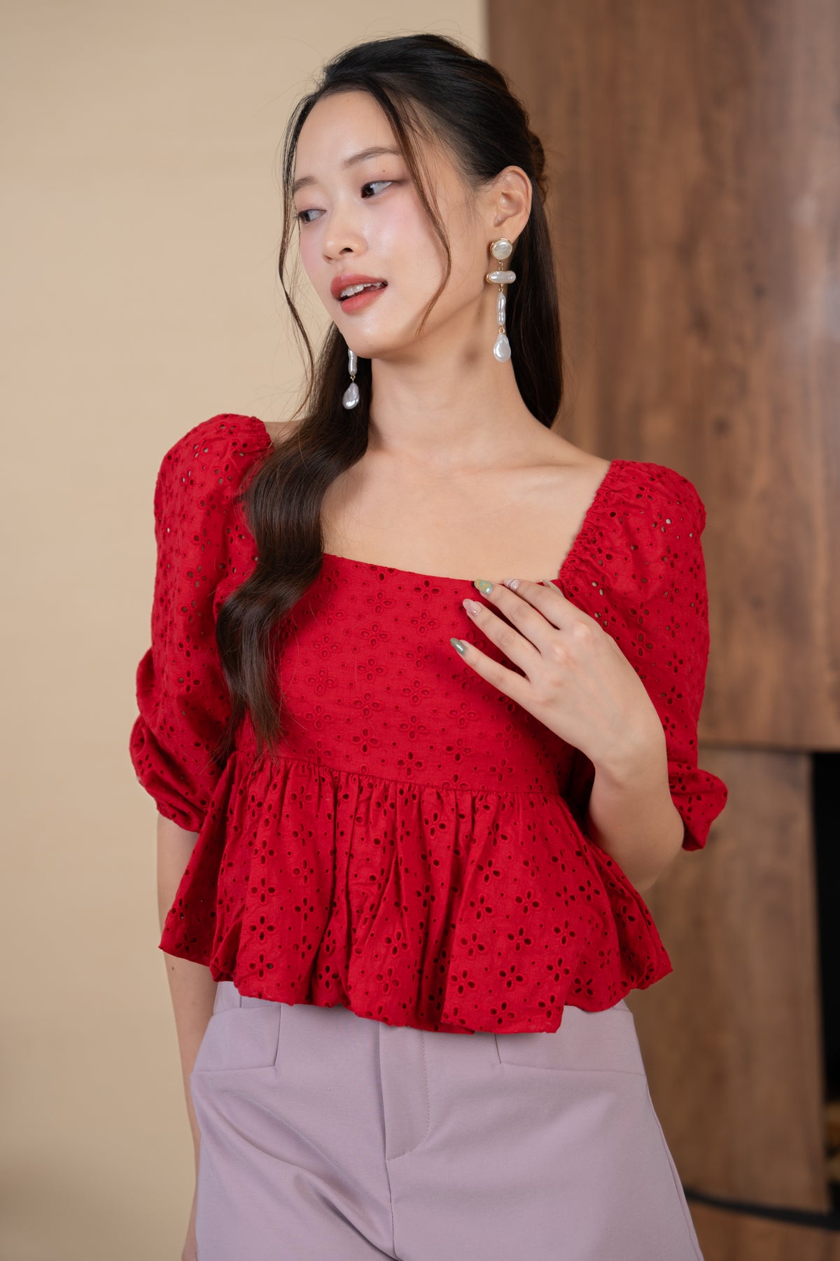 Drea Eyelet Bubble Peplum Top in Red