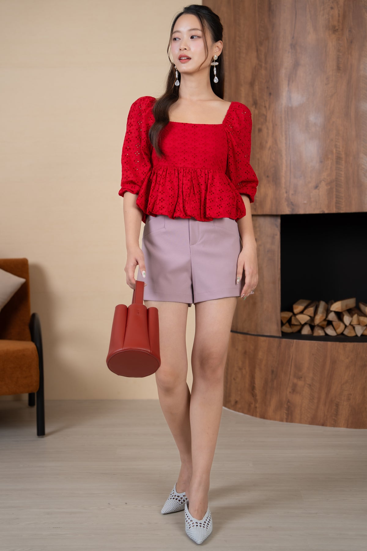 Drea Eyelet Bubble Peplum Top in Red