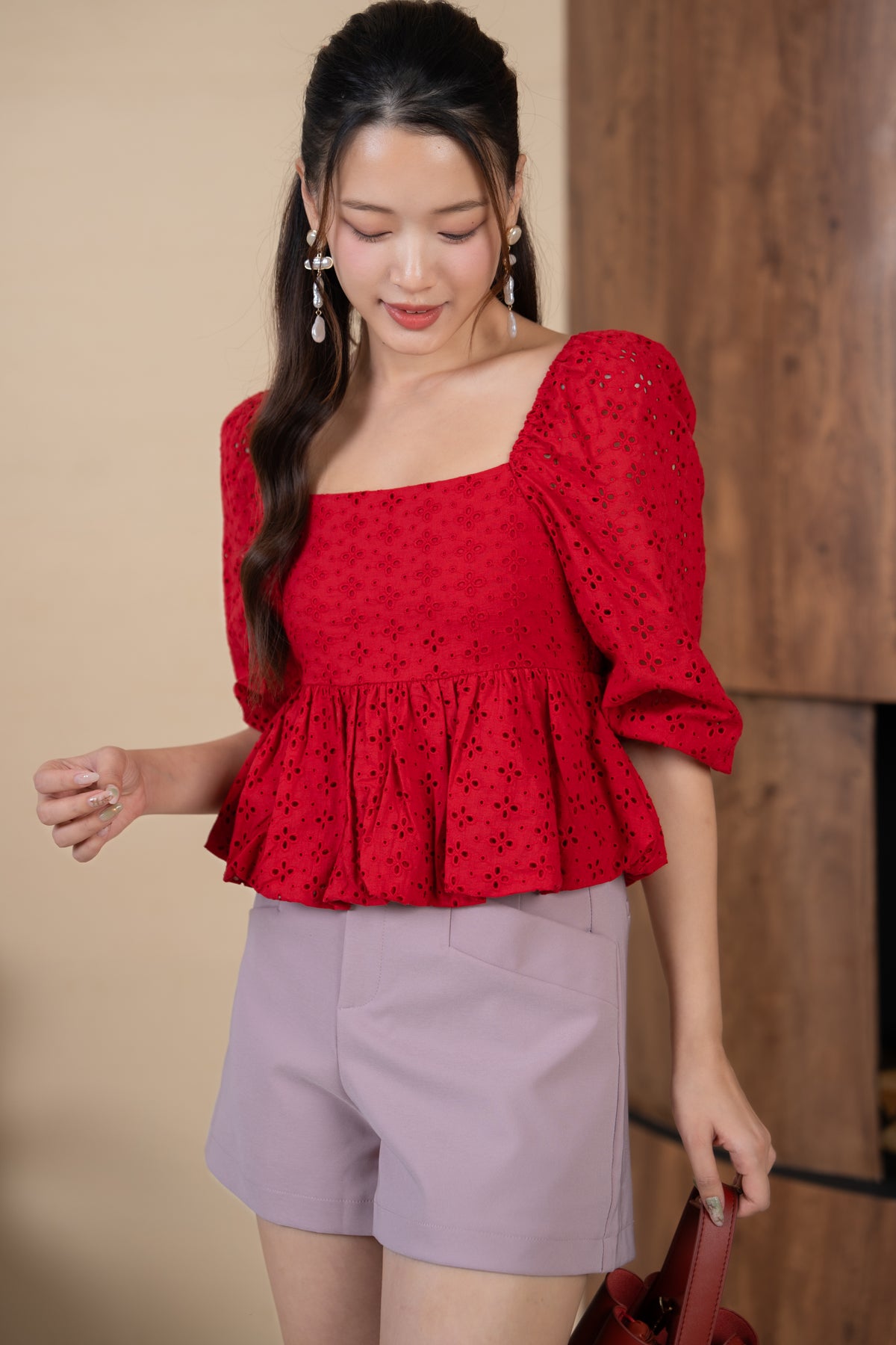 Drea Eyelet Bubble Peplum Top in Red