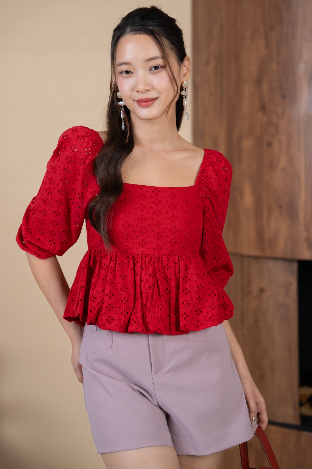 Drea Eyelet Bubble Peplum Top in Red