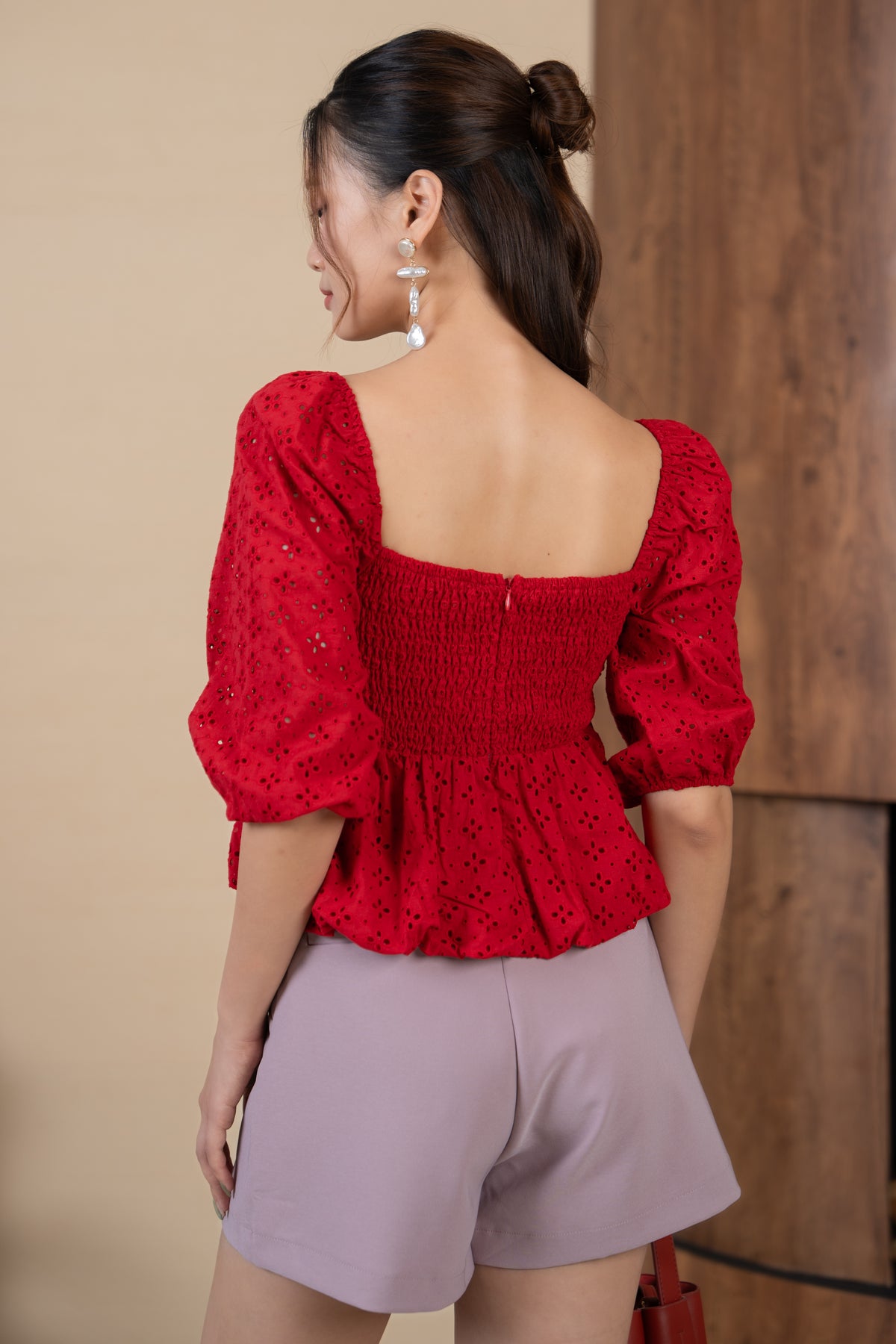 Drea Eyelet Bubble Peplum Top in Red