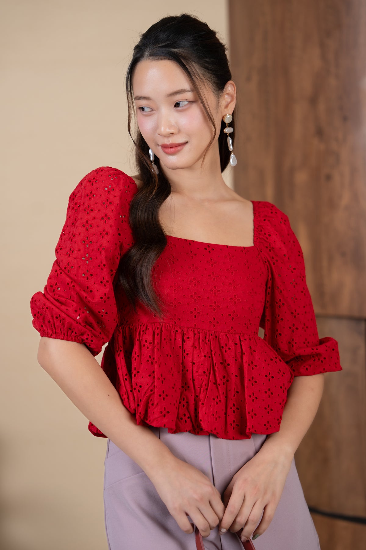 Drea Eyelet Bubble Peplum Top in Red