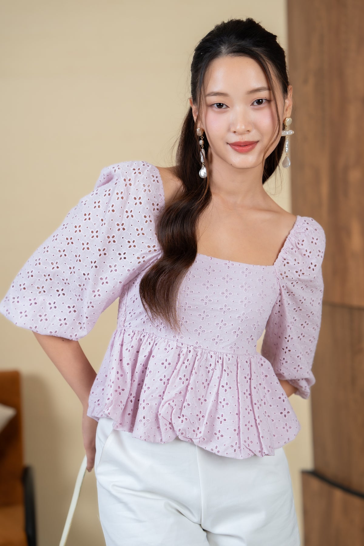 Drea Eyelet Bubble Peplum Top in Soft Lavender