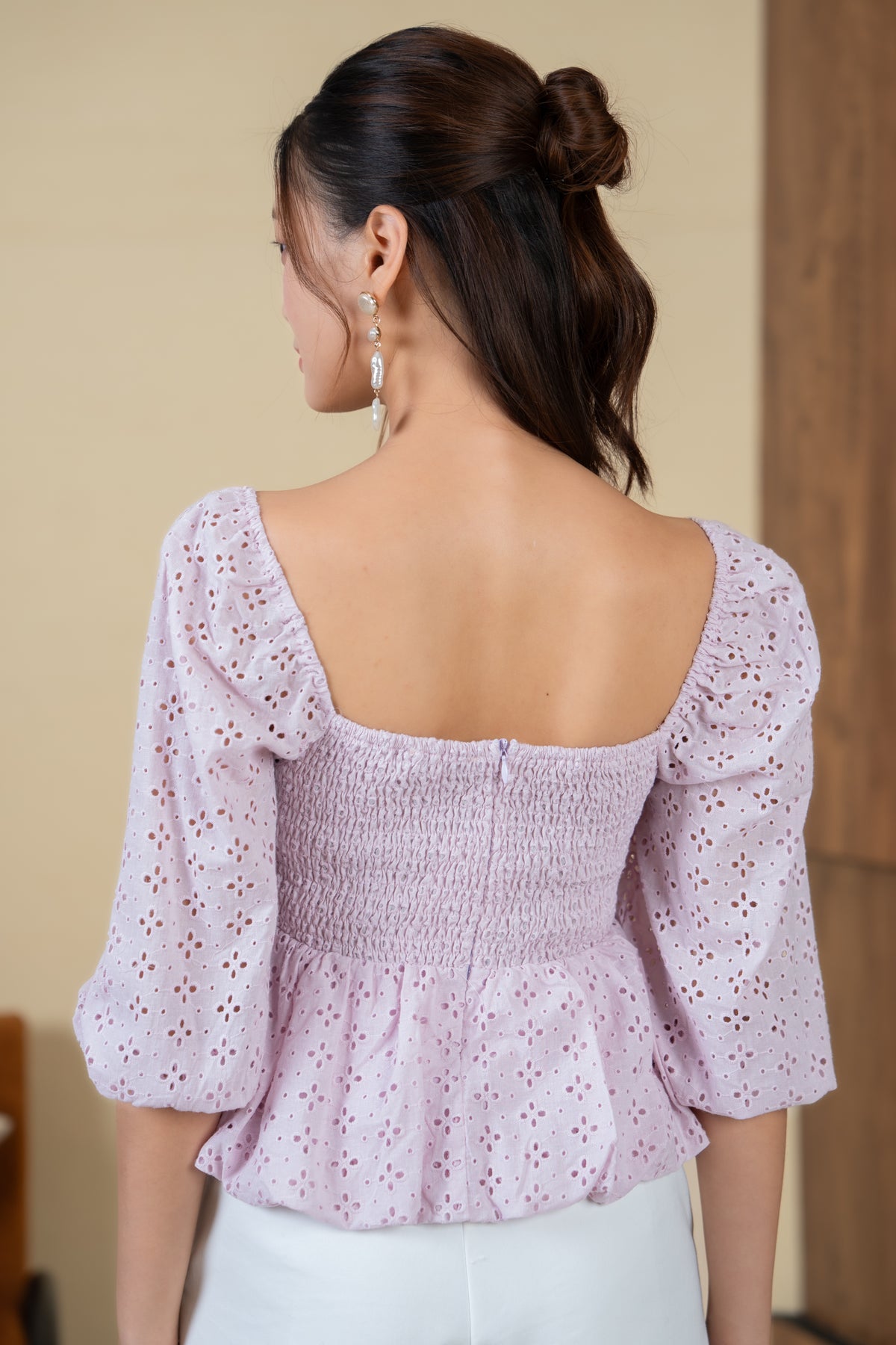 Drea Eyelet Bubble Peplum Top in Soft Lavender