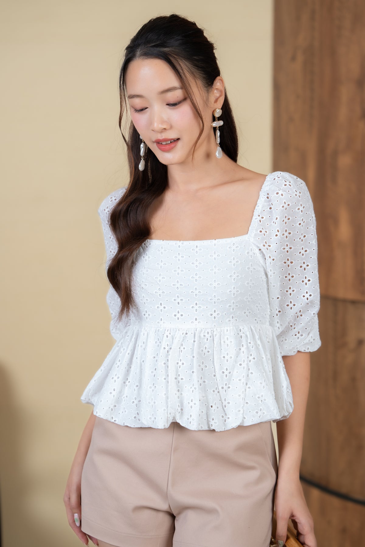 Drea Eyelet Bubble Peplum Top in White