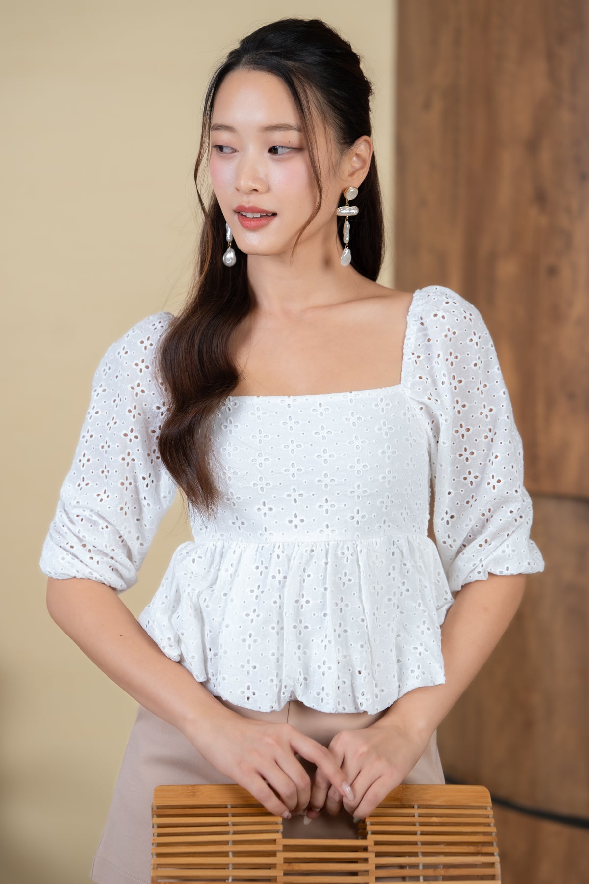 Drea Eyelet Bubble Peplum Top in White