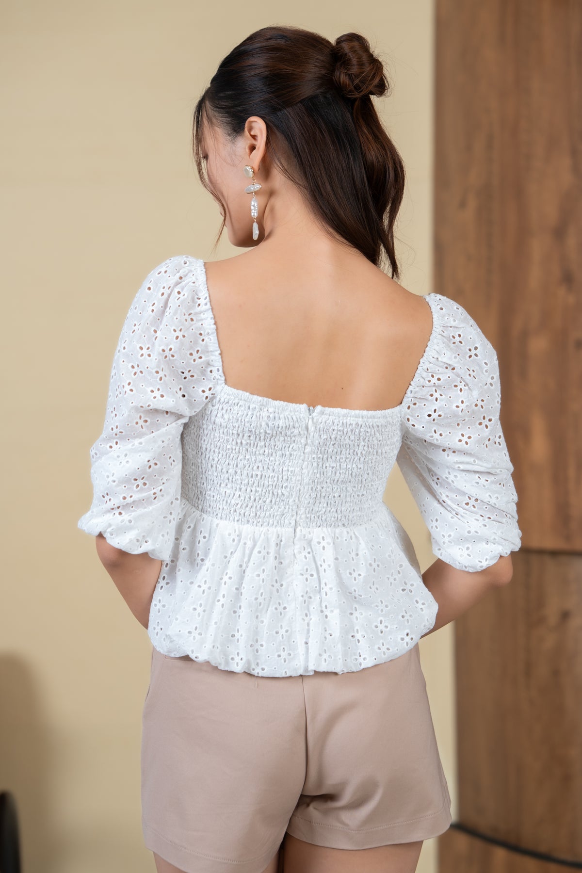 Drea Eyelet Bubble Peplum Top in White