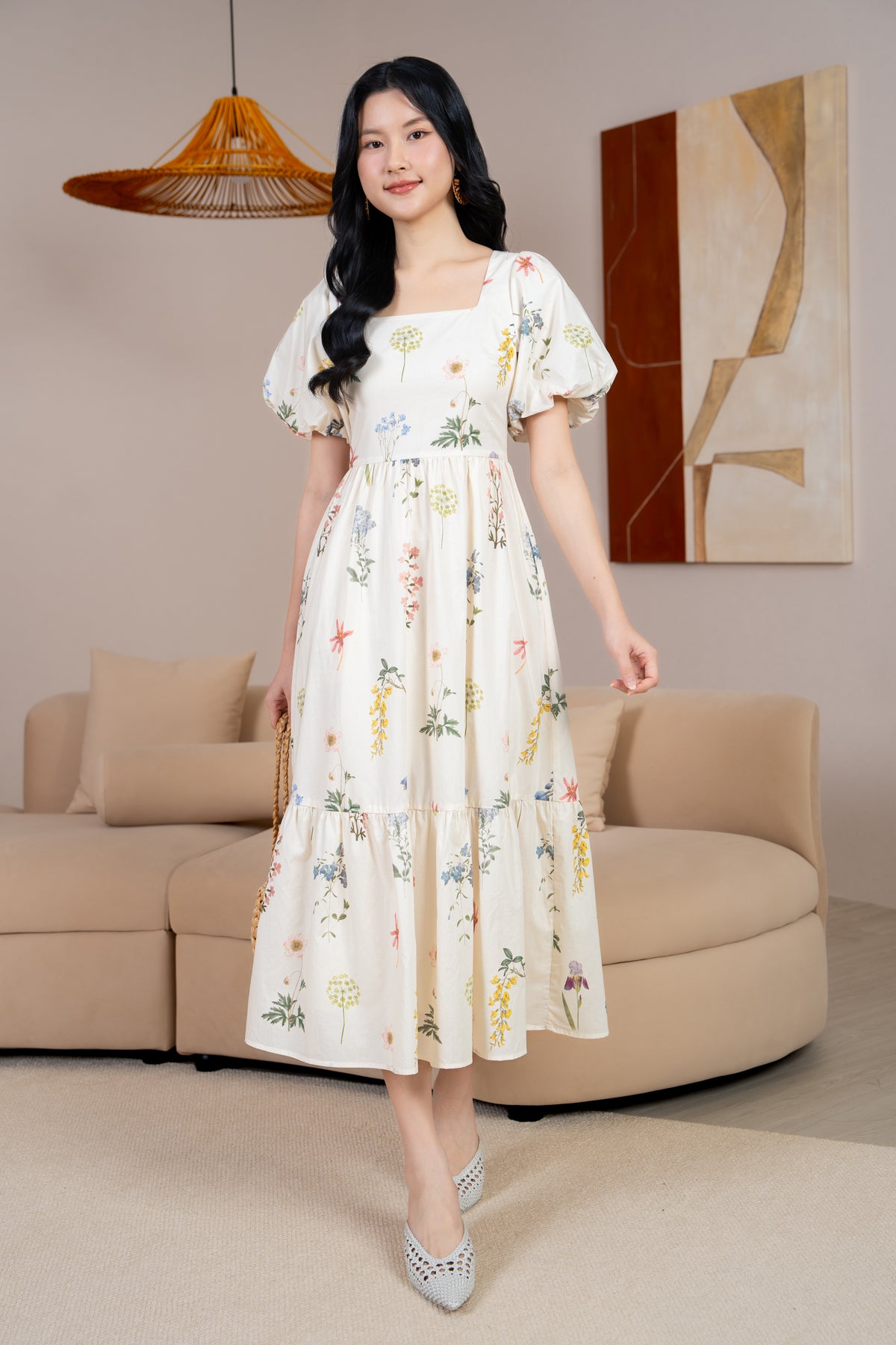 Debra Floral Puff Sleeve Drophem Dress in Dandelion Blossoms