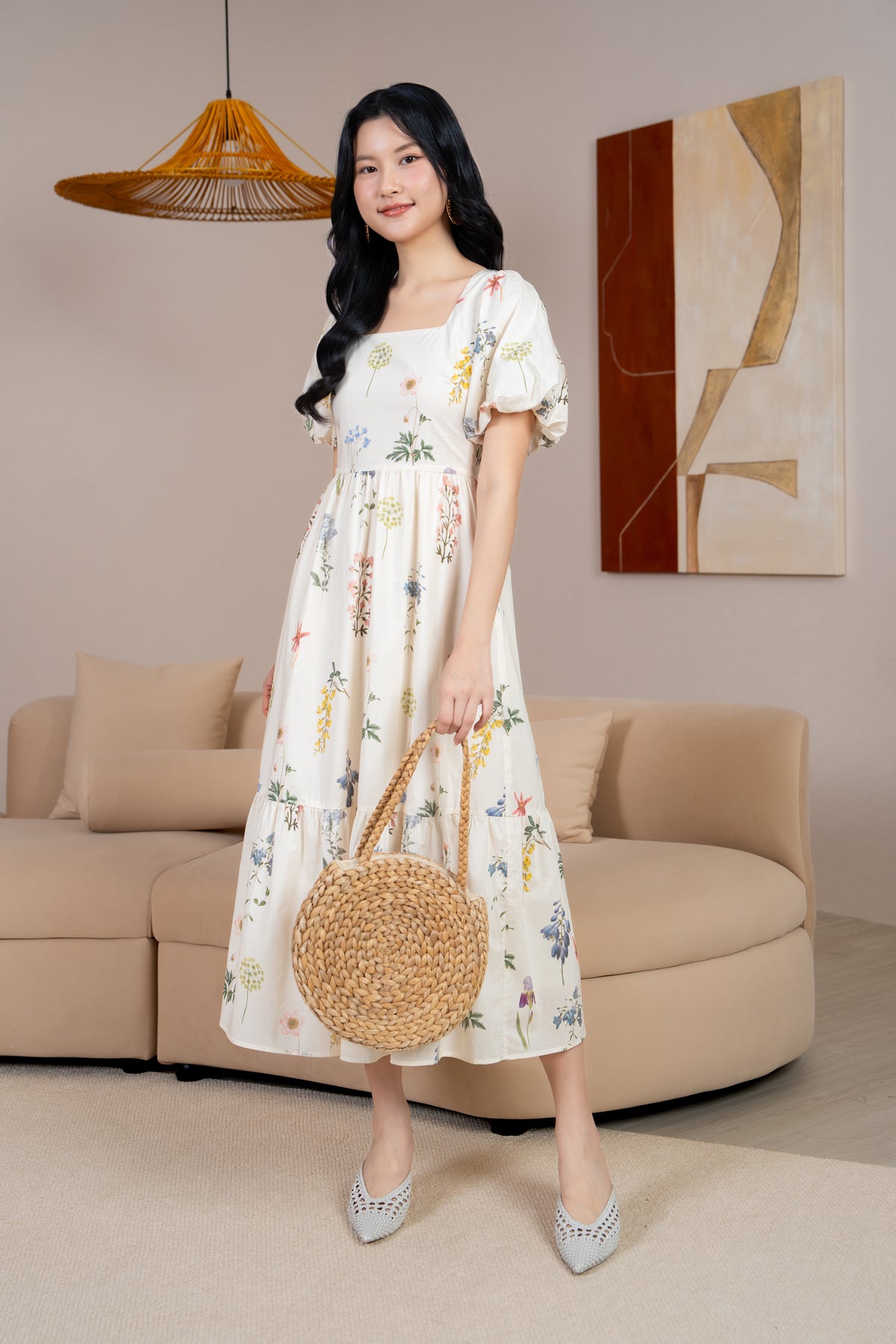 Debra Floral Puff Sleeve Drophem Dress in Dandelion Blossoms