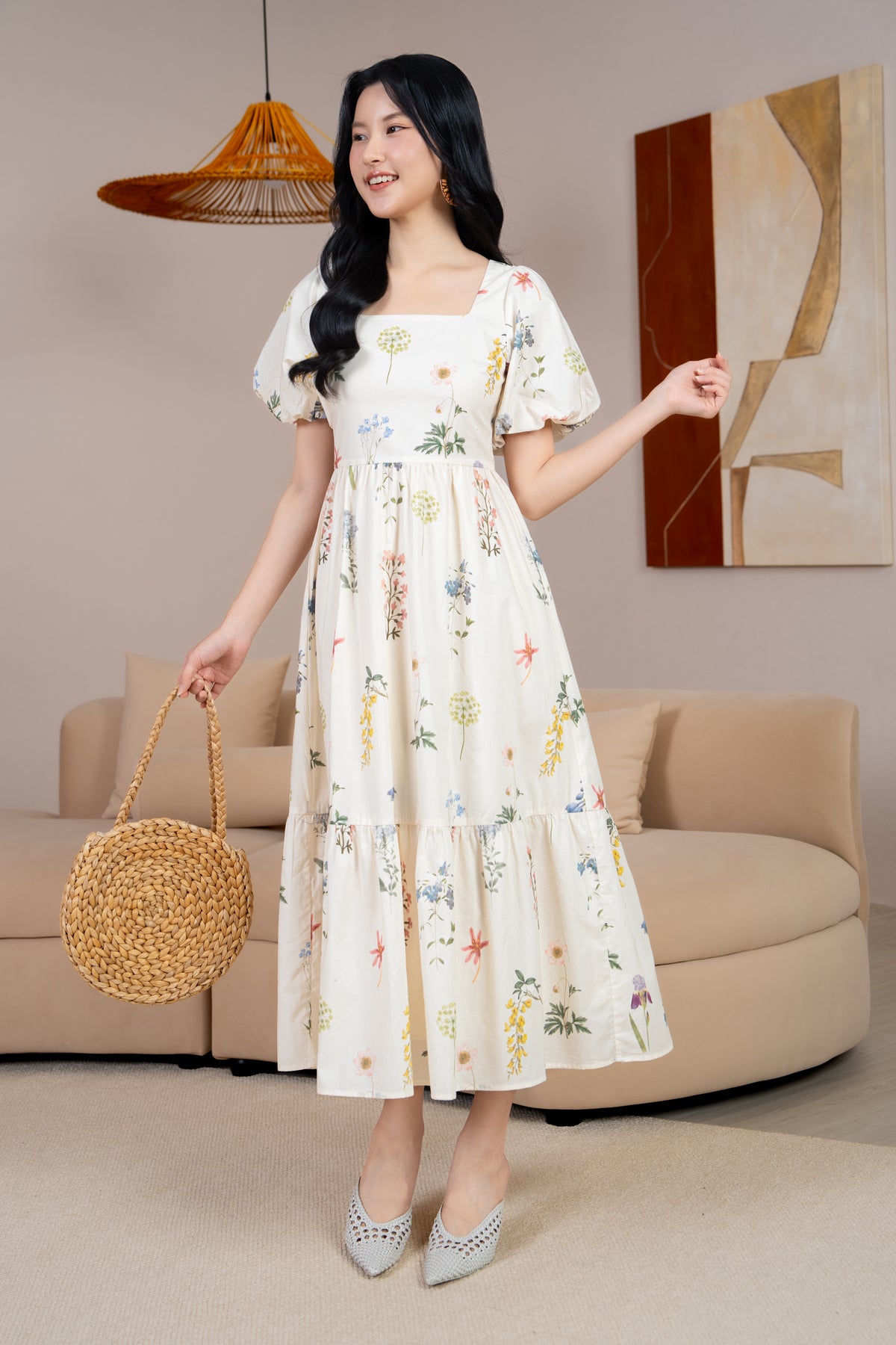 Debra Floral Puff Sleeve Drophem Dress in Dandelion Blossoms