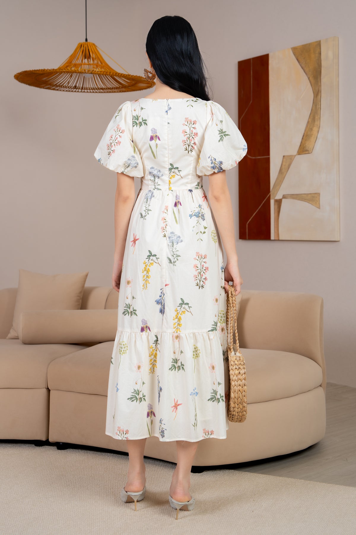 Debra Floral Puff Sleeve Drophem Dress in Dandelion Blossoms