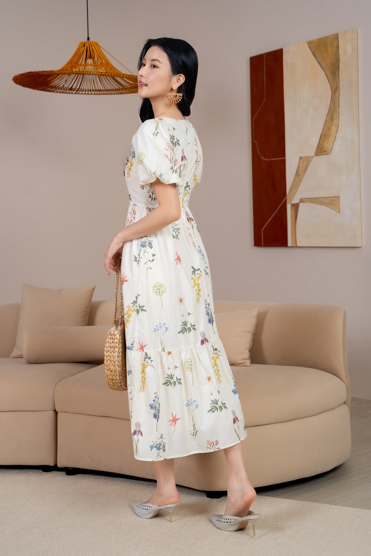 Debra Floral Puff Sleeve Drophem Dress in Dandelion Blossoms