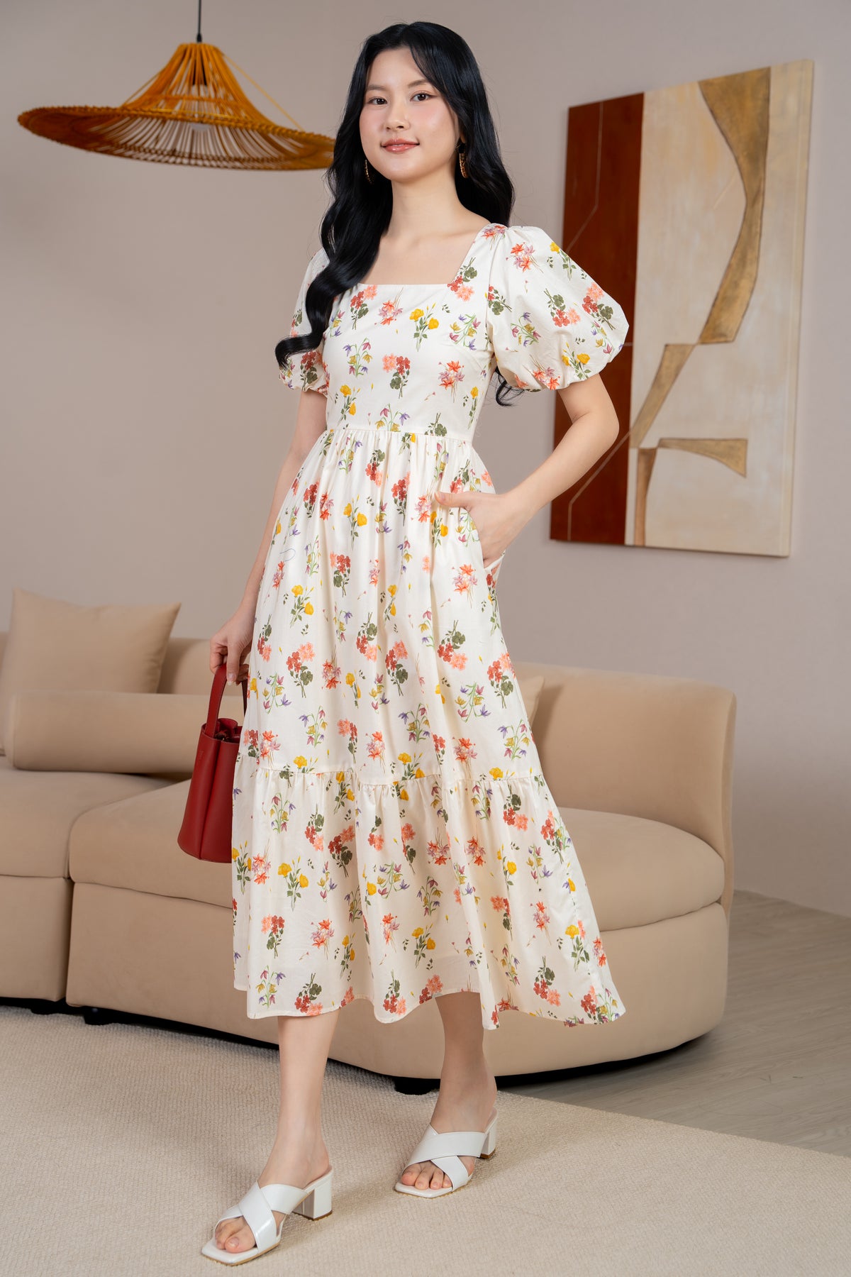 Debra Floral Puff Sleeve Drophem Dress in Red Plumeria