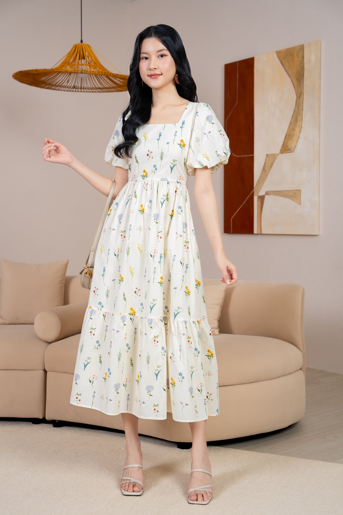 Debra Floral Puff Sleeve Drophem Dress in Sunflower