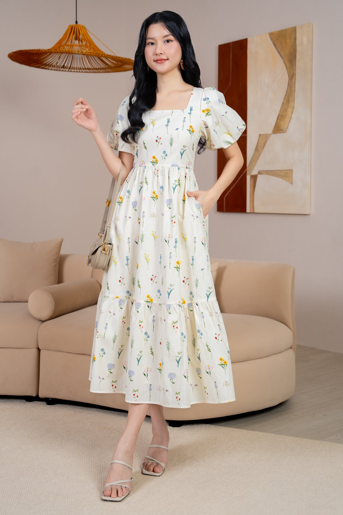 Debra Floral Puff Sleeve Drophem Dress in Sunflower