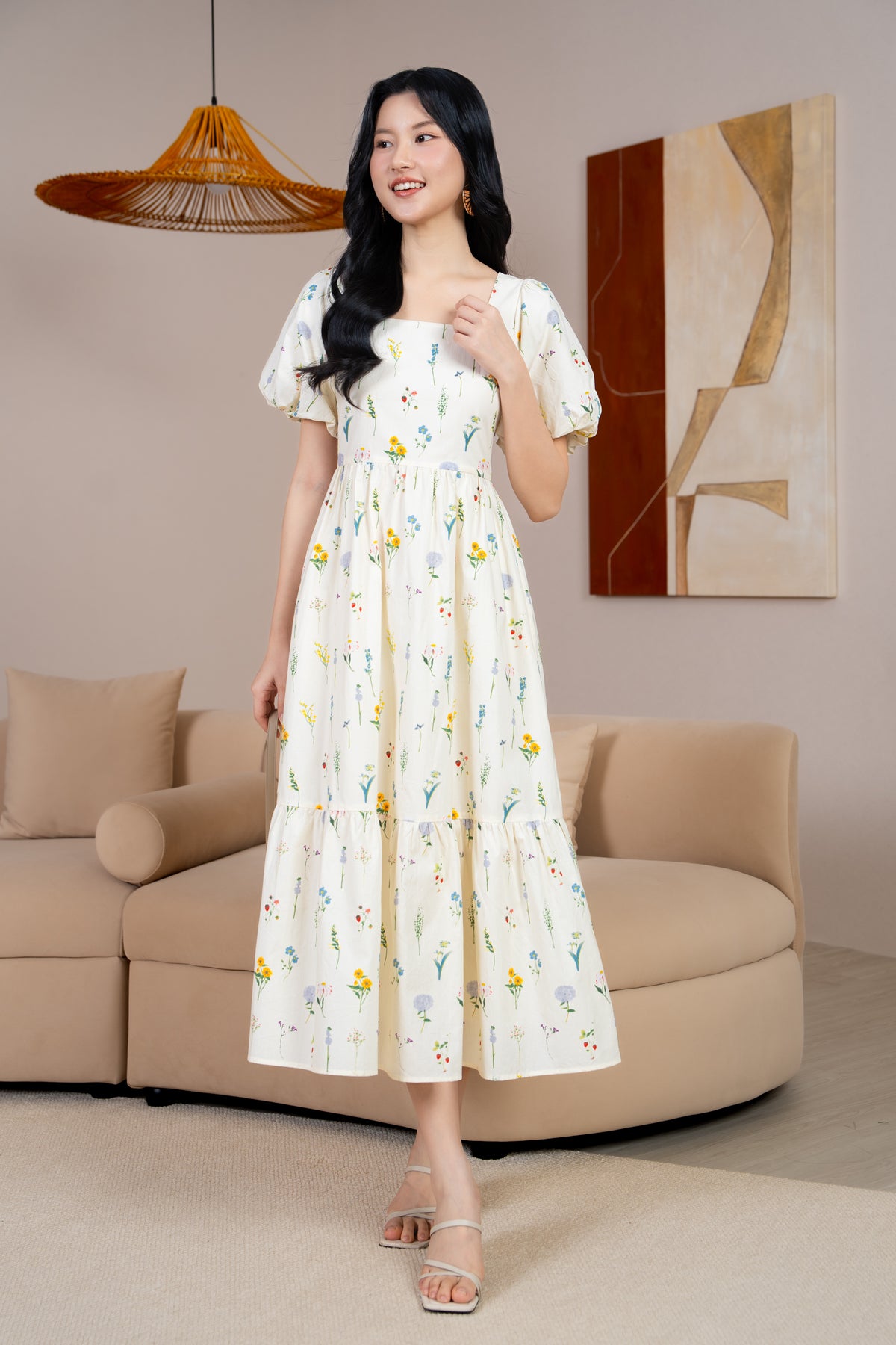 Debra Floral Puff Sleeve Drophem Dress in Sunflower