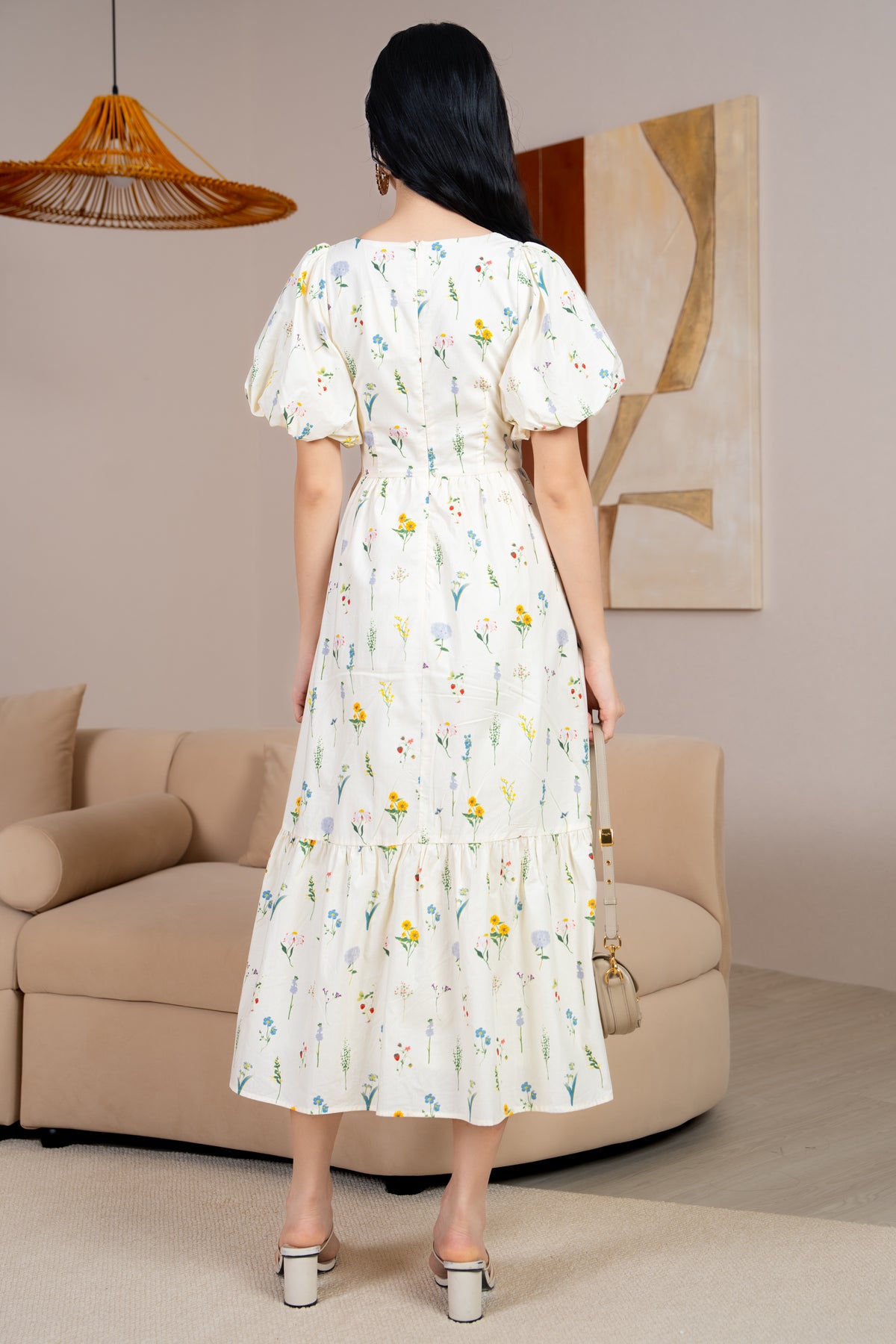 Debra Floral Puff Sleeve Drophem Dress in Sunflower