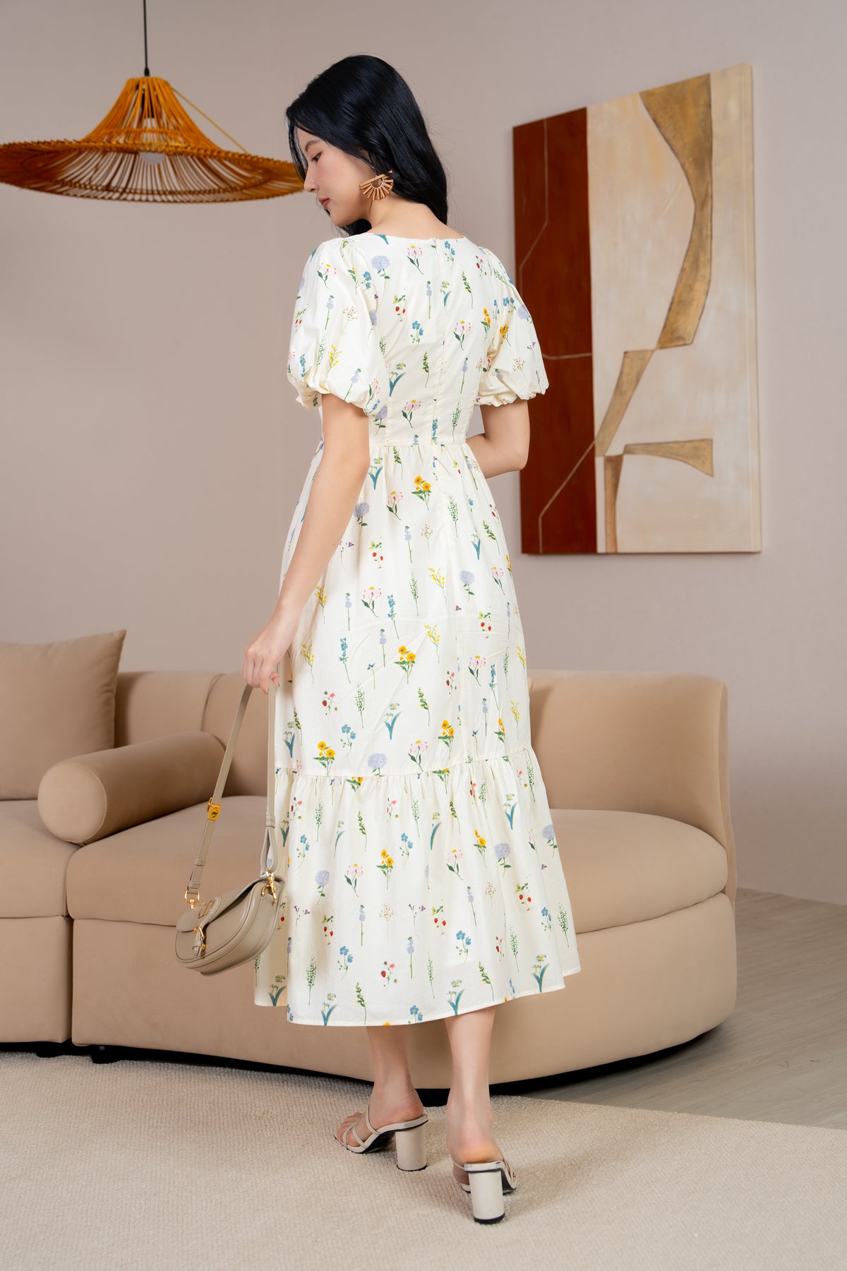 Debra Floral Puff Sleeve Drophem Dress in Sunflower