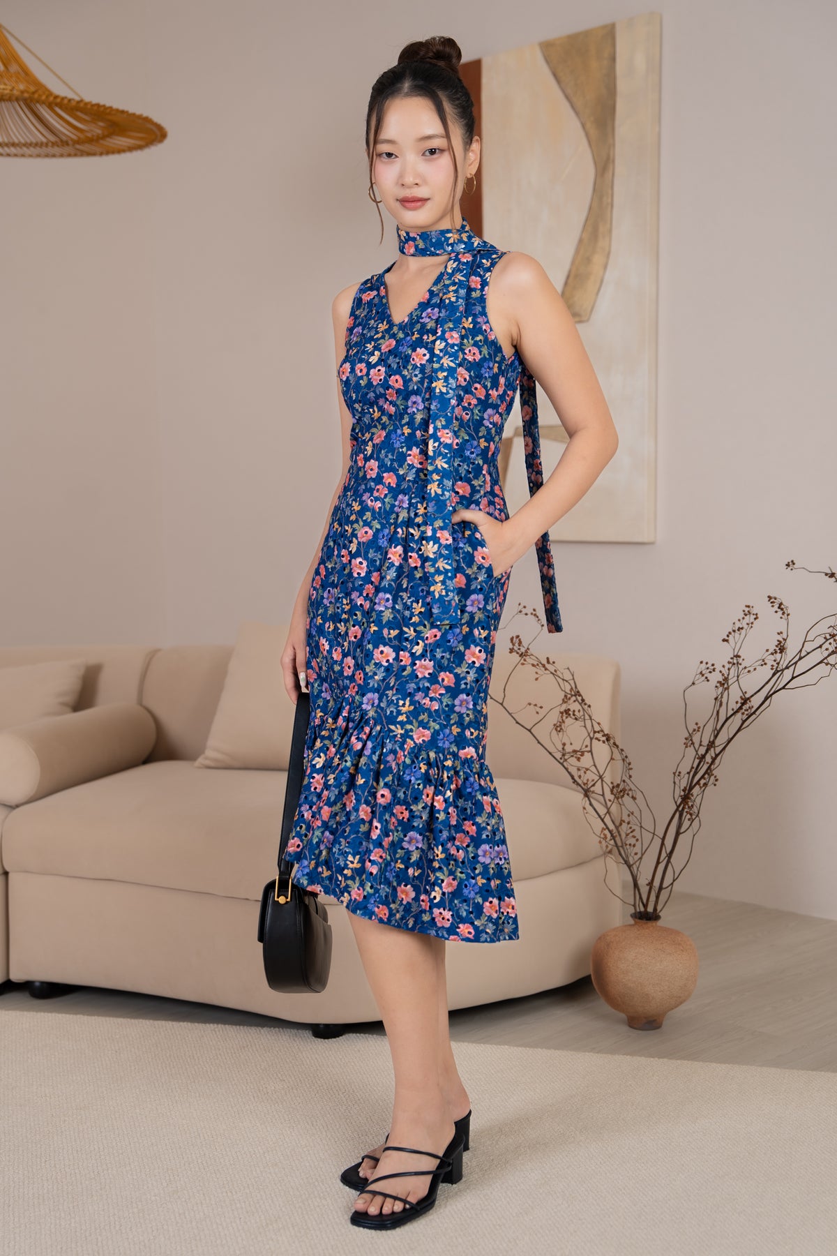 Fanny Eyelet Floral Mermaid Dress in Navy