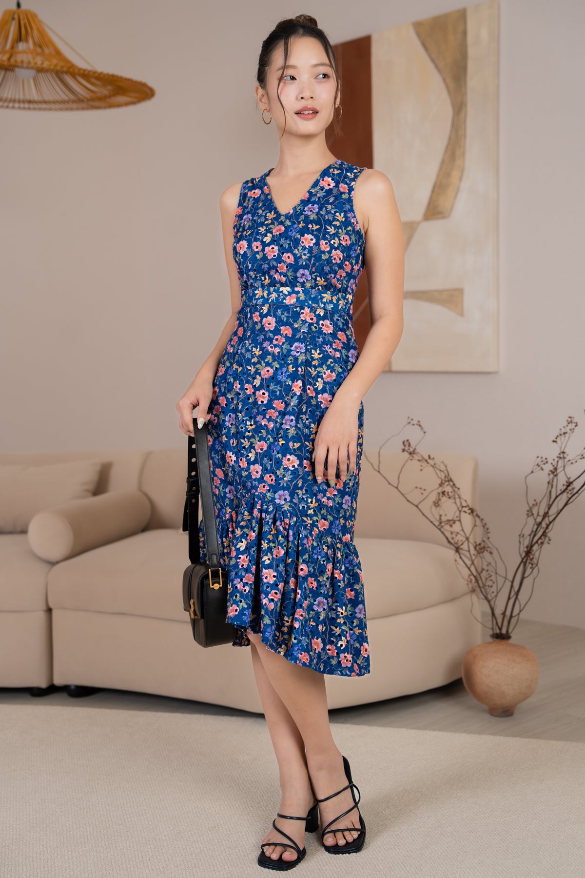 Fanny Eyelet Floral Mermaid Dress in Navy