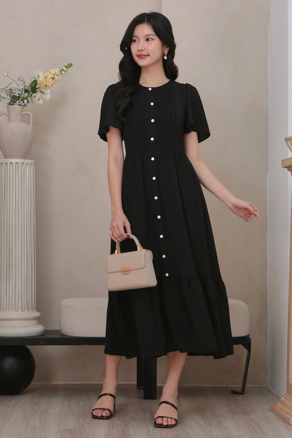 Flutter Sleeves Pleat Button Maxi Dress in Black